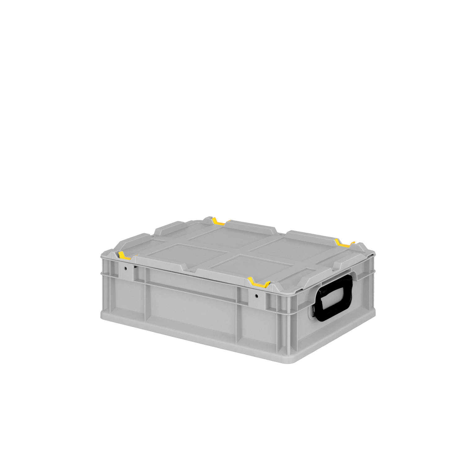 Transparente Kunststoffbox mit stabilen Seitenwänden und einem Griff. Gelbe Clips sichern den Deckel. Die Box steht auf einer einfarbigen, neutralen Fläche.