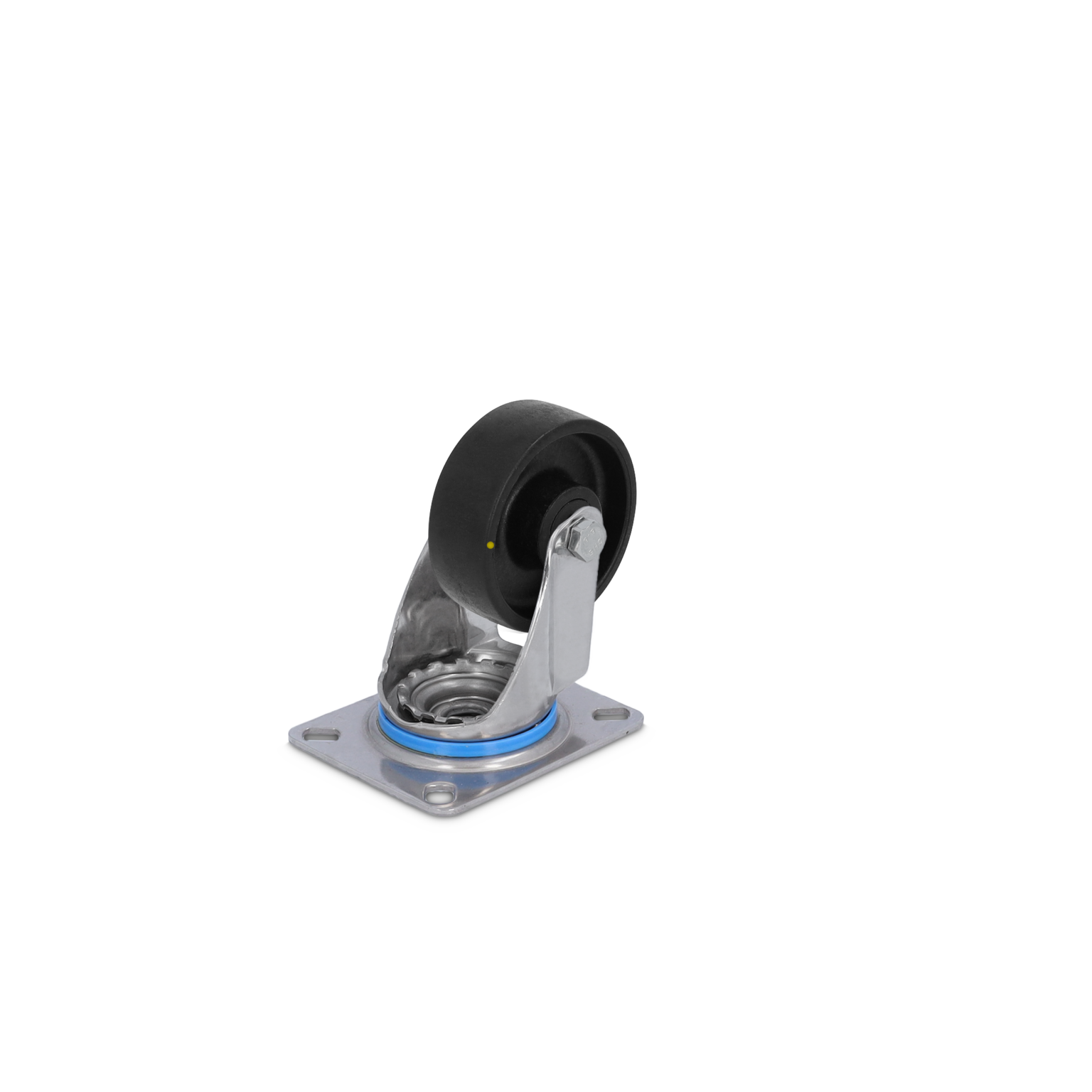 A black rubber wheel is mounted on a silver metal bracket with a blue ring, designed for mobility. The bracket features a square base with holes for installation, set against a plain background.