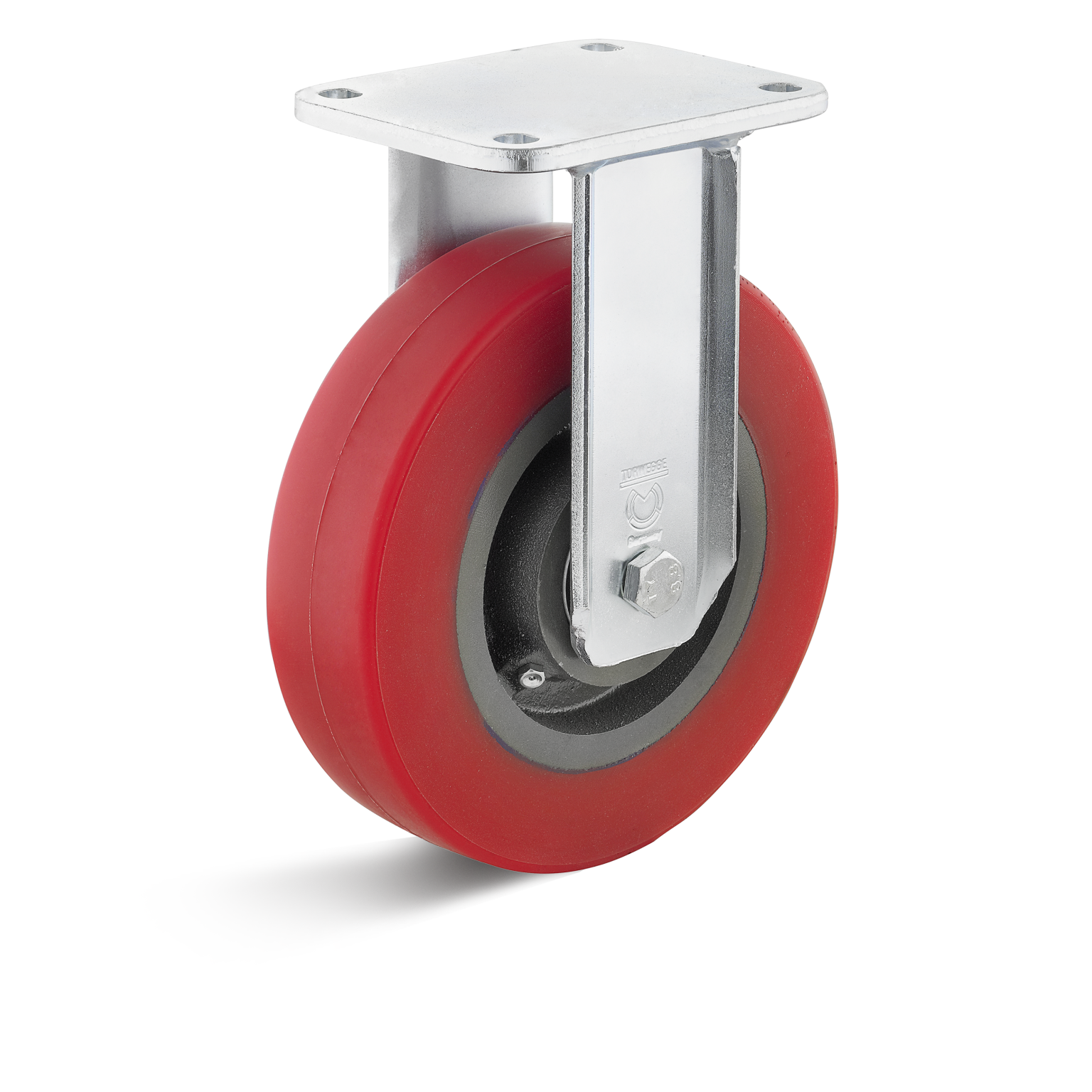 A red industrial caster wheel features a sturdy metal mounting plate and a smooth rubber outer layer, designed for easy movement. The wheel is set against a plain white background.