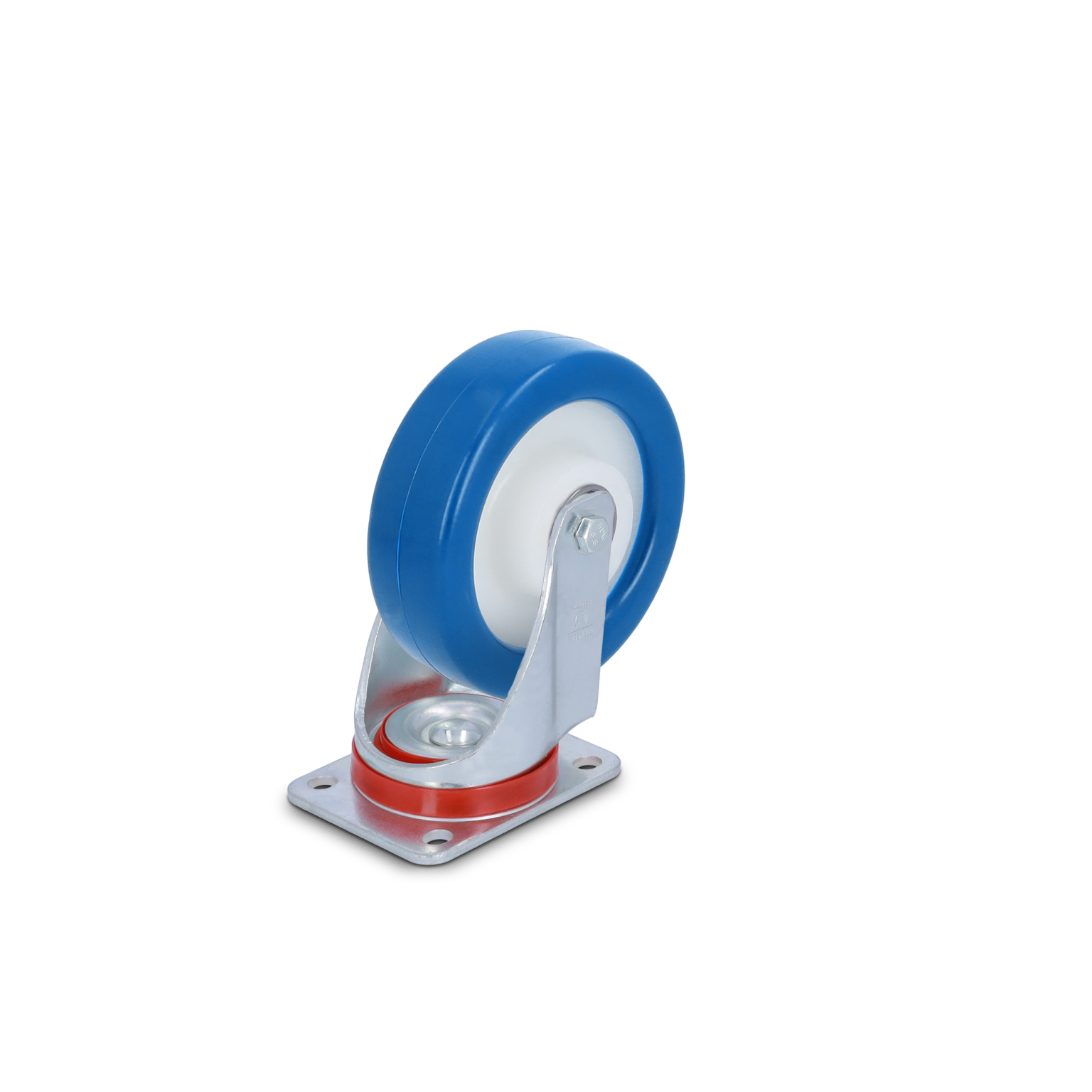 Gummirad in blauer und weißer Ausführung, montiert auf einer verzinkten Metallplatte. Das Rad ist groß, mit einem stabilen Radlager. Hintergrund ist schwarz.