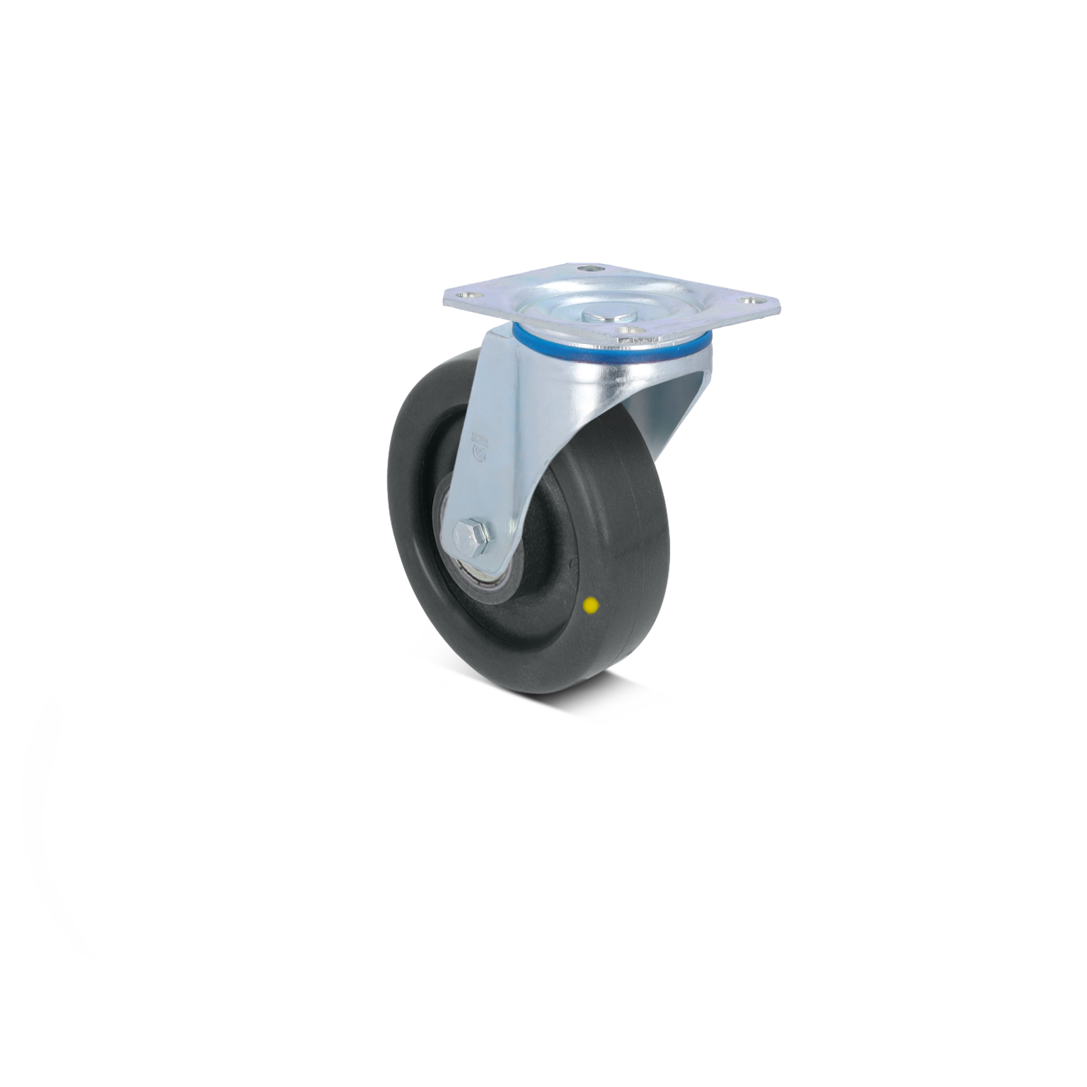 Zwenkwiel met een zwarte rubberen band en een metalen bevestigingsplaat. Het wiel is ontworpen voor soepel bewegen, geschikt voor industriële toepassingen. De achtergrond is neutraal en wit.
