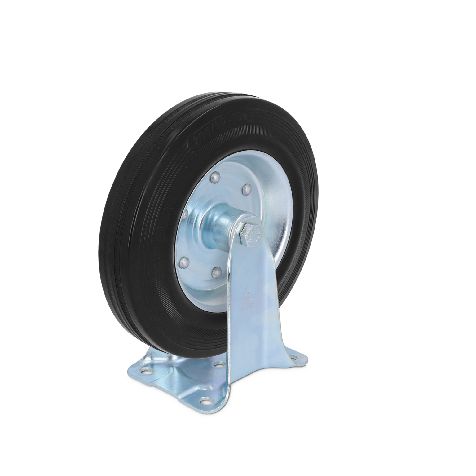 Rubber wheel mounted on a silver metal bracket with a wide base, designed for mobility. The wheel features a smooth, black surface, suitable for various industrial applications.