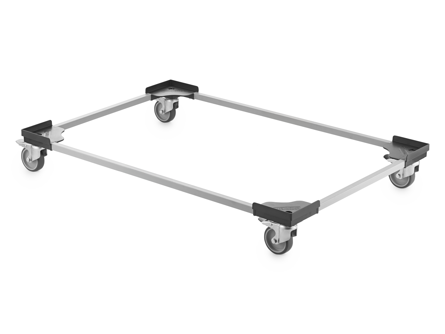 A rectangular transport frame features a lightweight metal structure with four swivel castors attached at each corner. The frame is positioned against a blank background, designed for mobility in industrial settings.