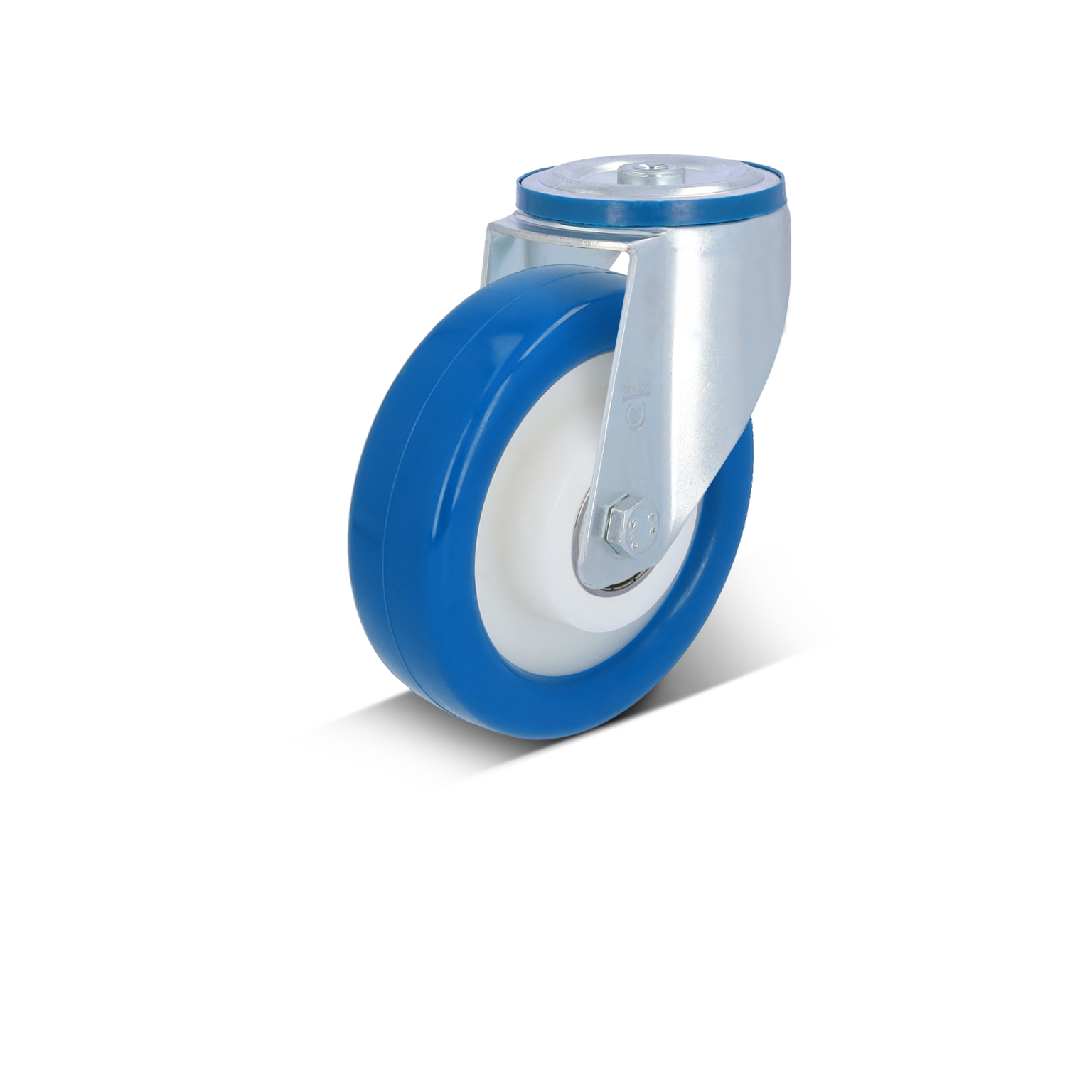 Een blauw rubberen wiel met een witte band is bevestigd aan een metalen ophangbeugel. Het wiel is ontworpen voor gebruik in intralogistiek en materiaalhandling. De achtergrond is zwart.