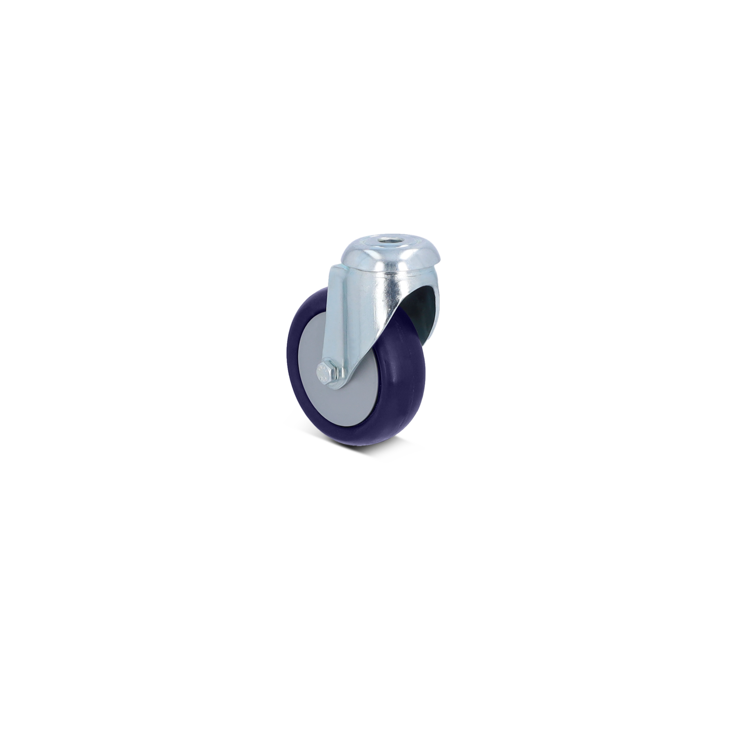 A swivel castor with a purple wheel and a silver metallic housing is displayed. The wheel has a smooth surface, and the housing features a mounting plate for attachment. The background is a solid color.