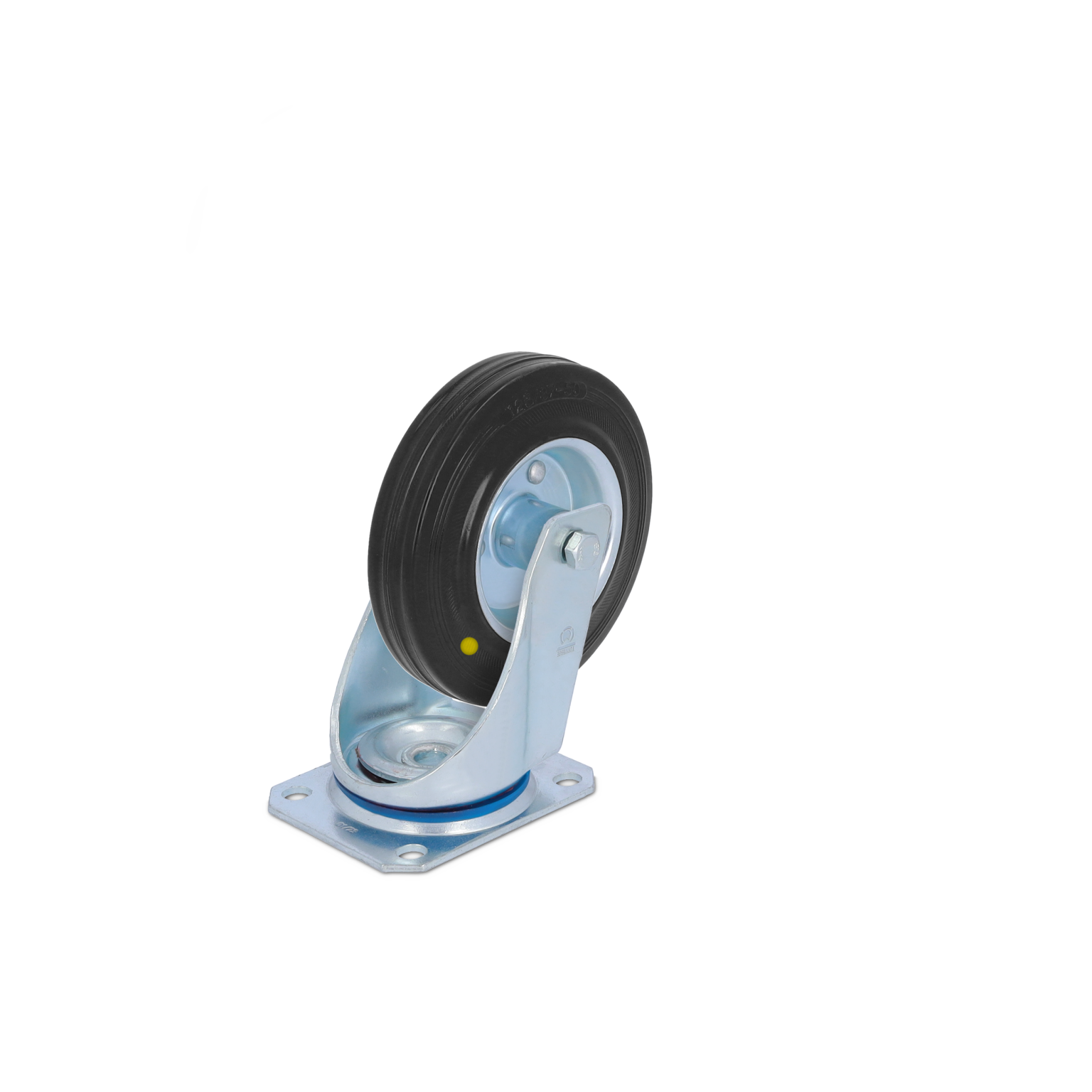 A swivel castor wheel featuring a black rubber tire and a metallic mounting plate. The wheel rotates freely, and the base includes a blue and silver finishing, suitable for industrial applications.