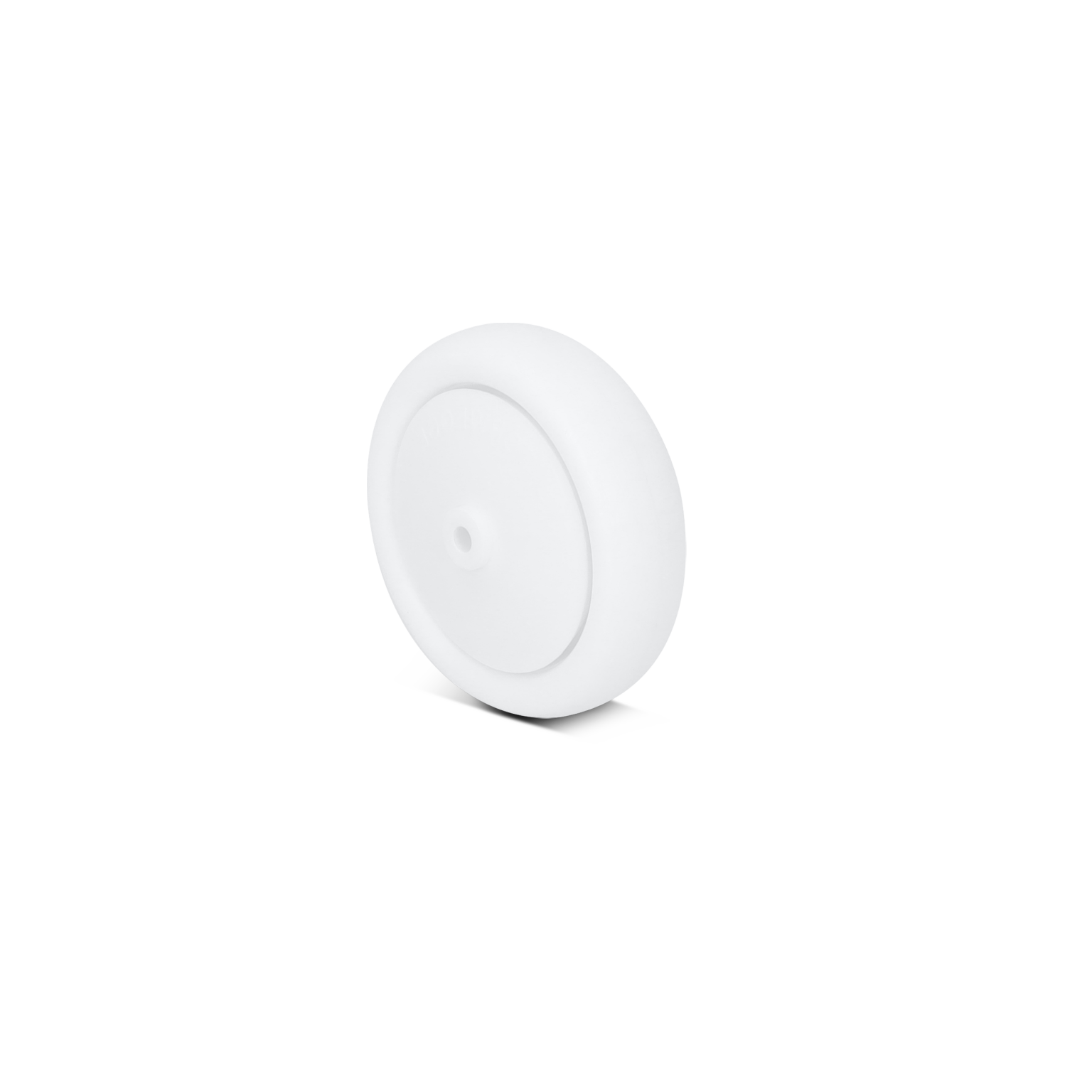 A white, round wheel with a smooth surface and a central hole for mounting. It is positioned at an angle against a blank background, emphasizing its sleek design suitable for industrial applications.