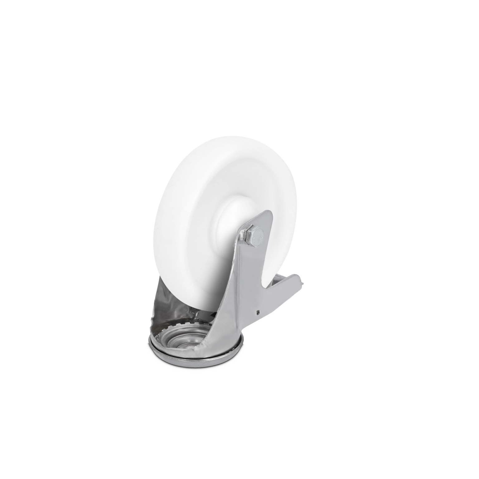 A white industrial wheel is mounted on a shiny silver metal bracket featuring a swivel design. The component is positioned upright against a blank background, emphasizing its smooth surface and functionality.