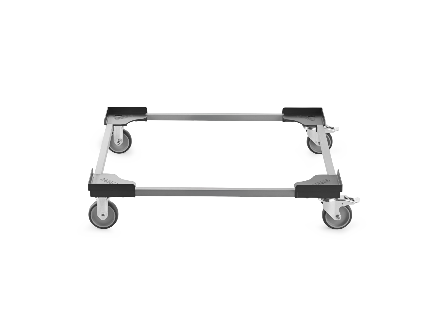 A transport trolley features a rectangular metal frame with four rotating casters. It is designed for mobility, allowing easy movement of various materials in an industrial setting.