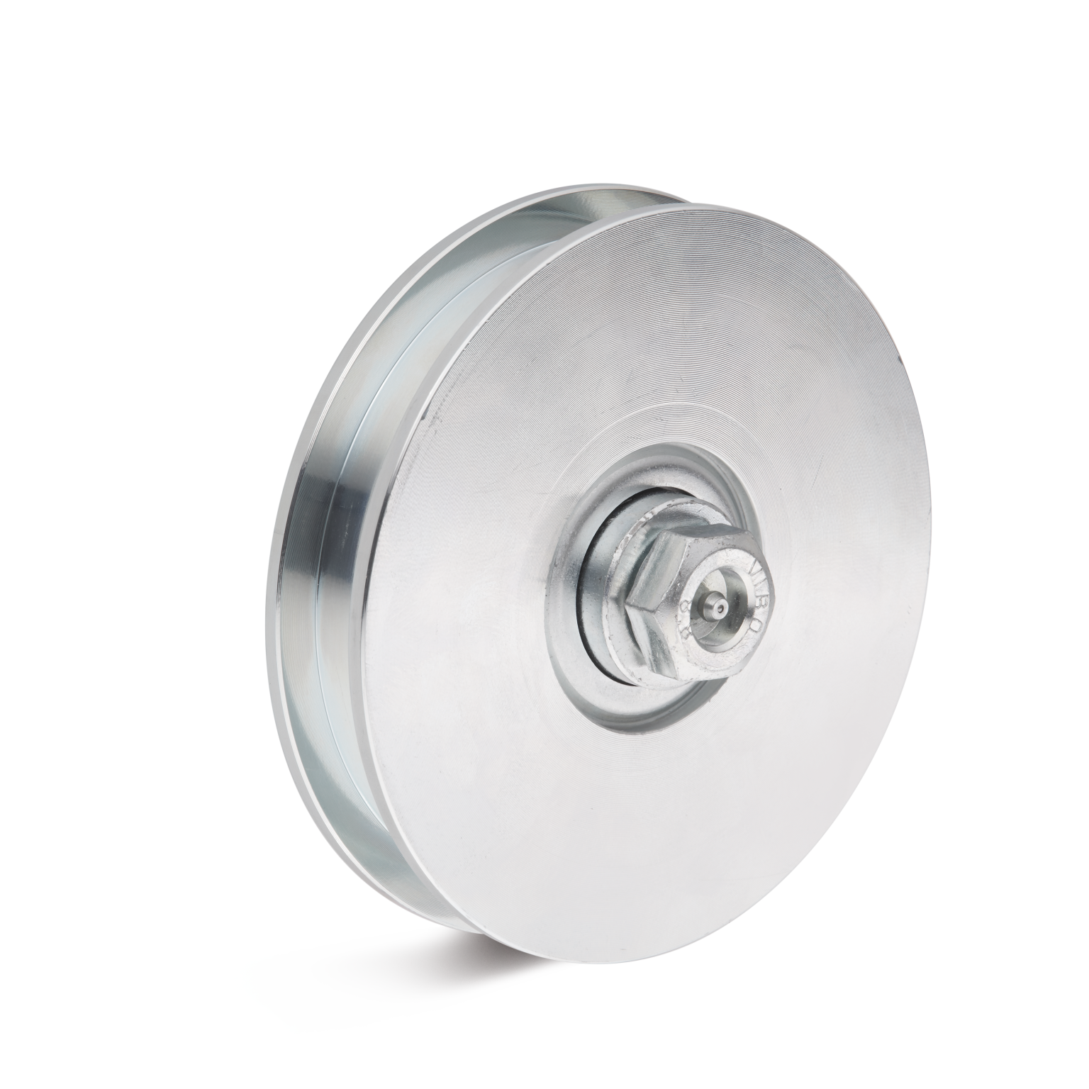 A round aluminum pulley is positioned at an angle, showcasing its smooth surface and a central mounting bolt. The background is plain, emphasizing the pulley’s industrial design.