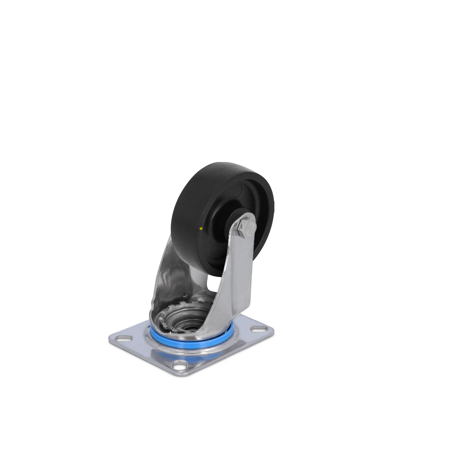 Black rubber wheel mounted on a silver metal swivel bracket, featuring a blue plastic ring, positioned on a square plate with holes for mounting. Background is plain white.