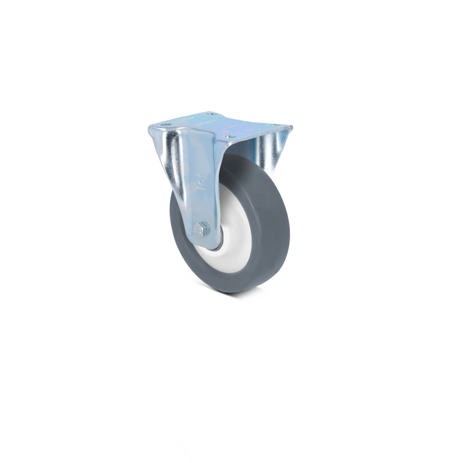 A grey industrial wheel is positioned on a metal mounting plate. The wheel features a white center and is designed for moving equipment, set against a simple, uniform background.