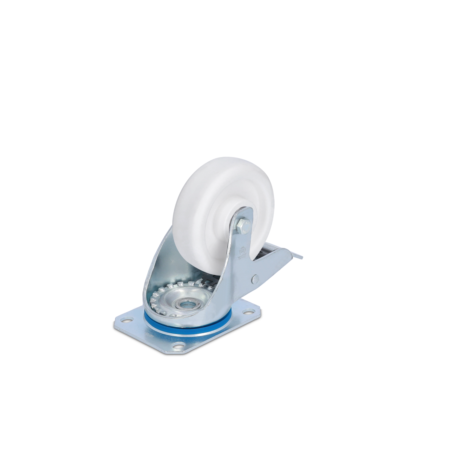 A white industrial wheel is mounted on a silver metallic swivel bracket with a circular base plate. The wheel features a smooth surface and is designed for easy movement in a logistical environment.