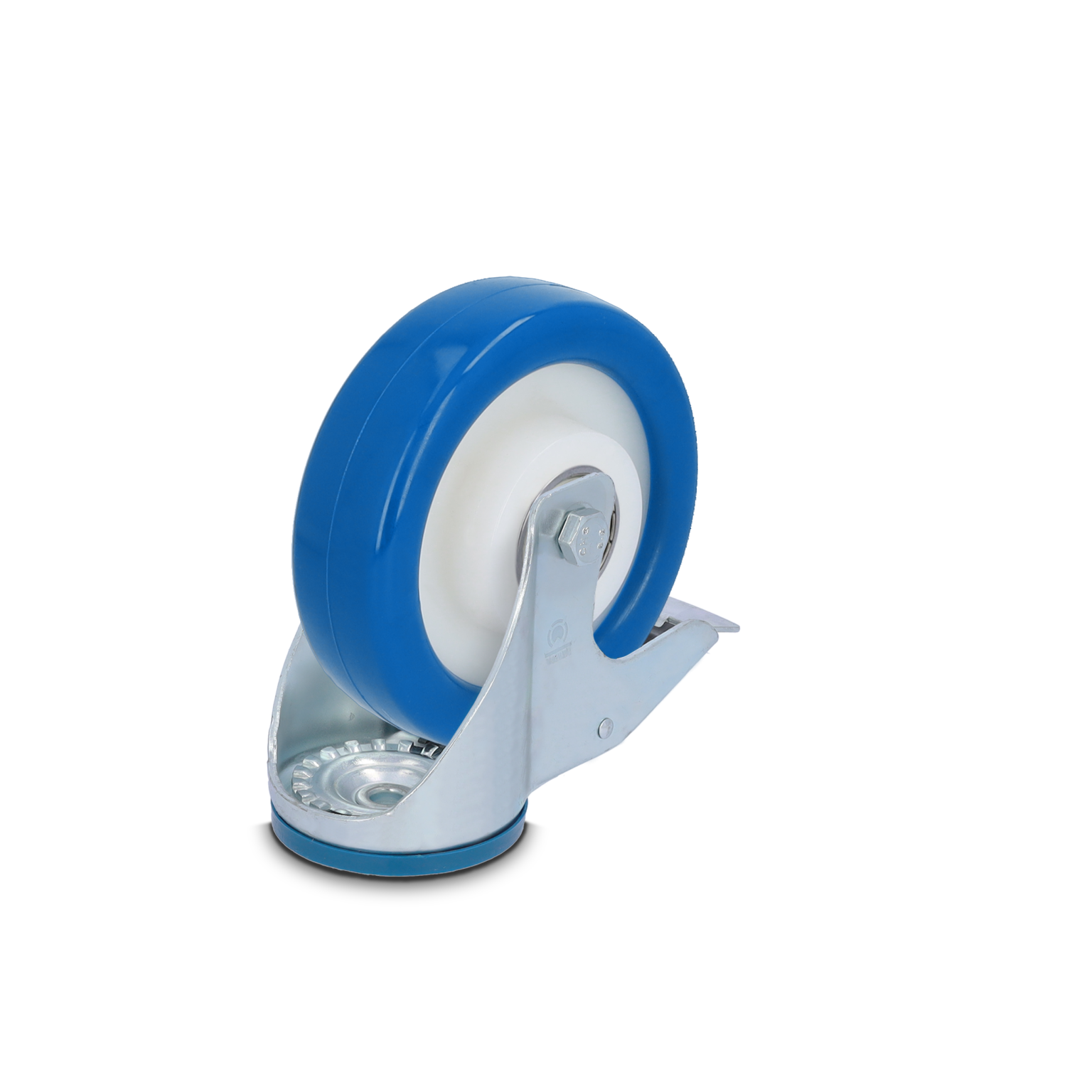 Ein blauer Rad mit einem weißen Inneren, montiert auf einer metallischen Halterung. Die Halterung besteht aus glänzendem Metall und hat eine Befestigungsvorrichtung. Der Hintergrund ist schwarz.
