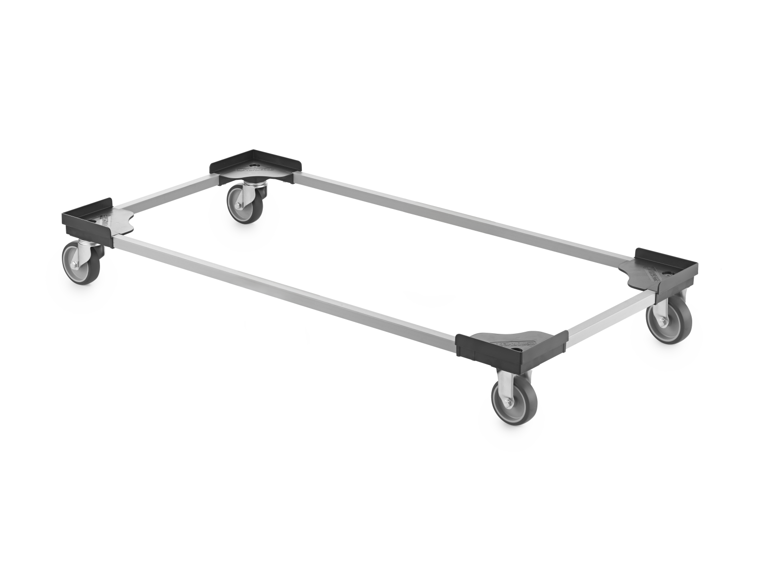 A rectangular transport trolley frame features four swivel castors at each corner. The frame is made of metal, providing a sturdy base for moving items in an industrial setting.