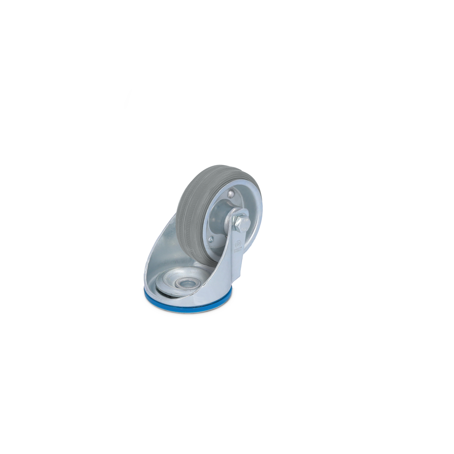 Zwenkwiel met een metalen montageplaat en een rubberen band. Het wiel is schuin geplaatst, met een blauwe rand en een gladde afwerking. Achtergrond is eenvoudig en eentonig.