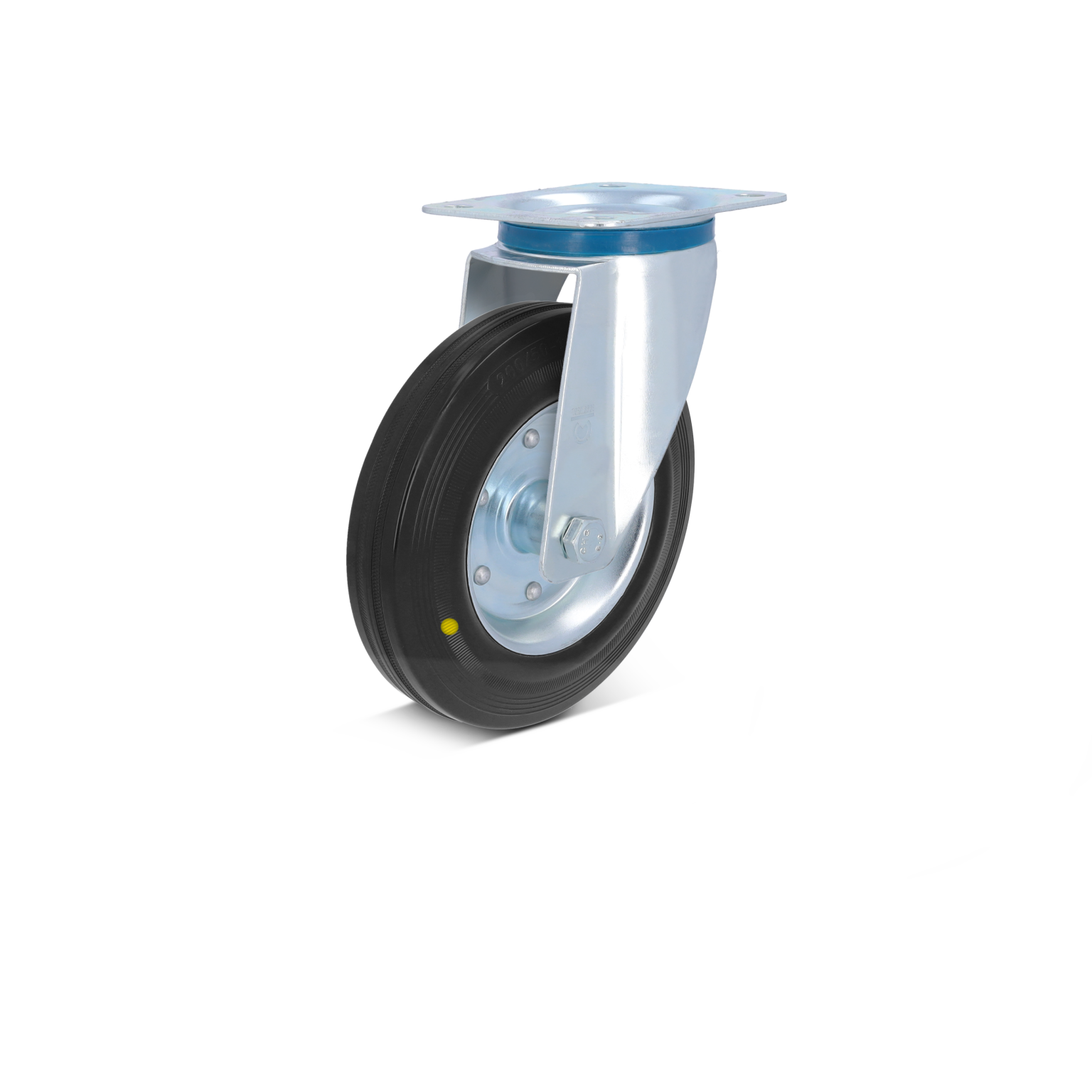 A heavy-duty industrial wheel is mounted on a metallic swivel plate. The wheel has a black rubber tire and a silver metallic hub, ideal for material handling in warehouses.