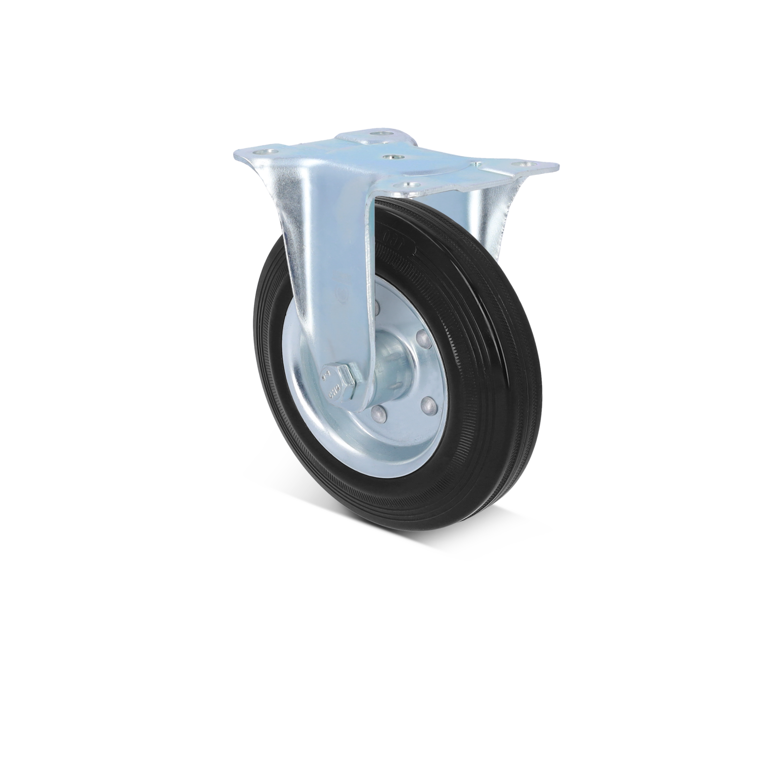 A black rubber wheel is mounted on a silver metal bracket with a flat surface for attachment. It features visible wheel treads and is positioned against a light-colored background.