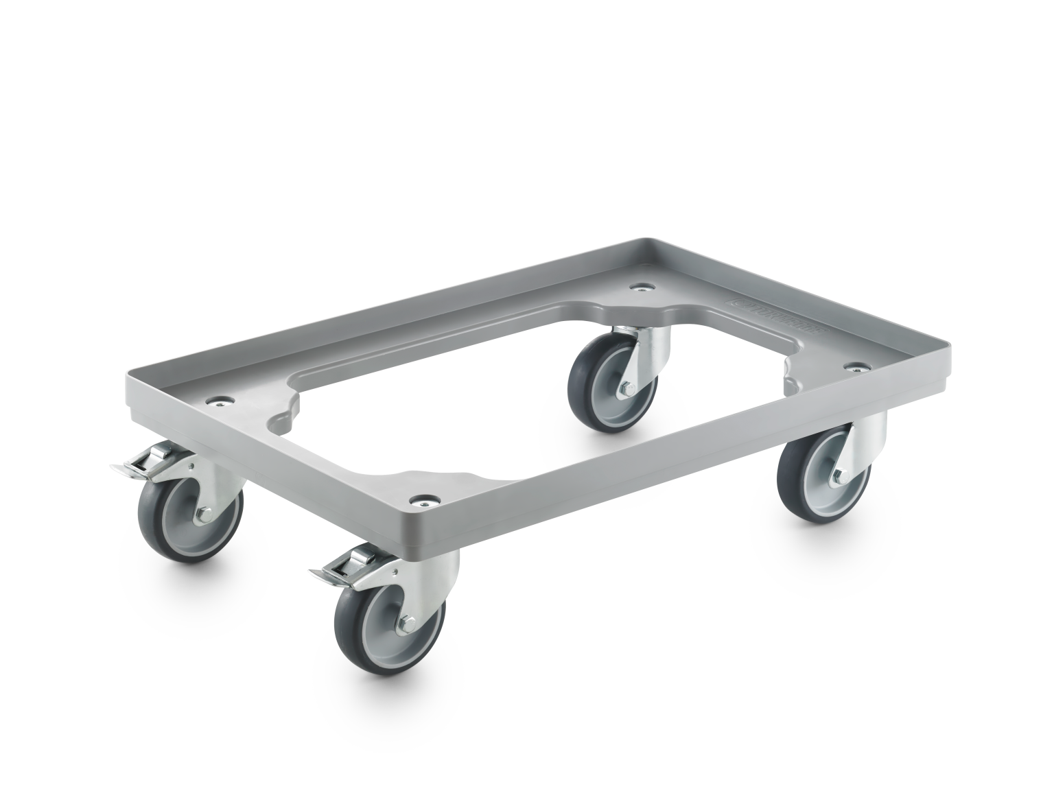 A rectangular transport trolley is equipped with four swivel wheels. The trolley features a flat, sturdy frame, designed for moving materials in industrial settings, set against a plain background.