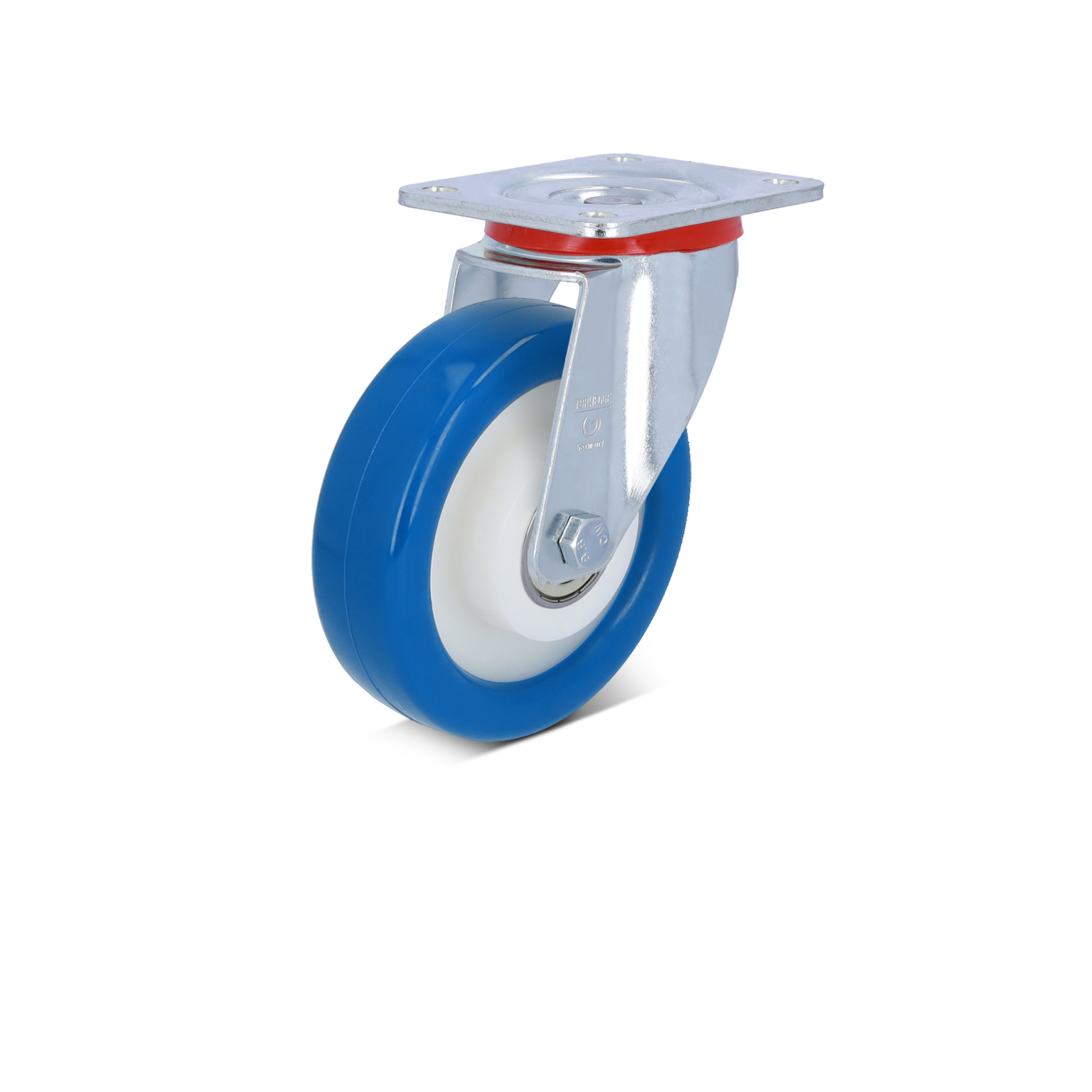 Een blauwe zwenkwiel met een witte binnenring en een metalen bevestigingsplaat. Het wiel is soepel en bevindt zich tegen een zwarte achtergrond, waardoor het goed zichtbaar is.