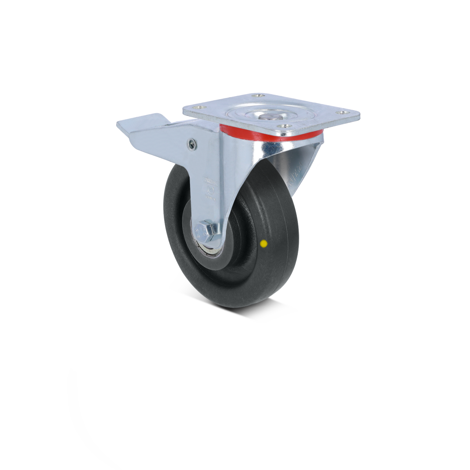 A black rubber wheel is mounted on a shiny metal swivel base with a square plate. It features a red accent and a yellow dot on the wheel surface, set against a plain background.