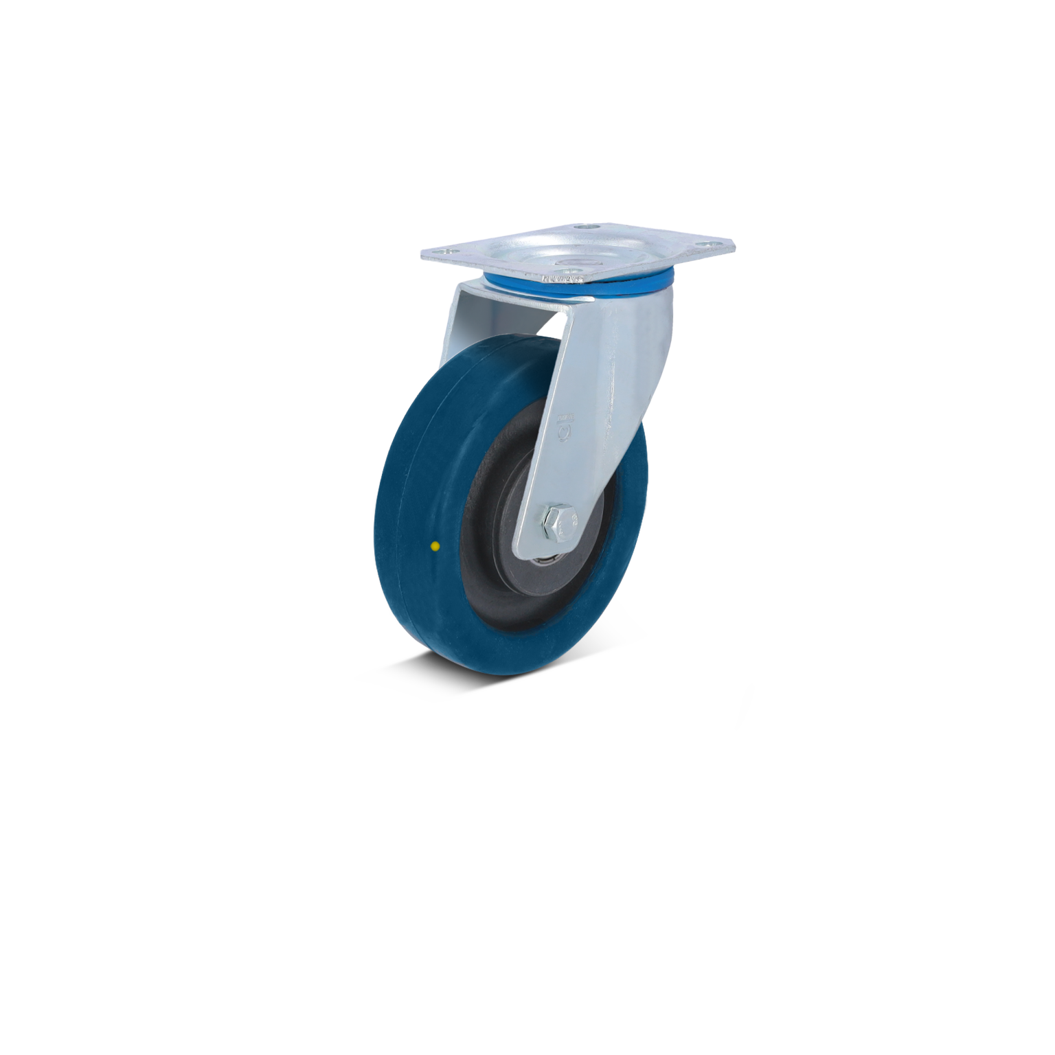 Zwarte rubberen wiel met een blauwe rand, gemonteerd op een metalen plaatje met montagegaten. De component is gepositioneerd met een lichtgrijze metalen bevestiging en bevindt zich op een neutrale achtergrond.