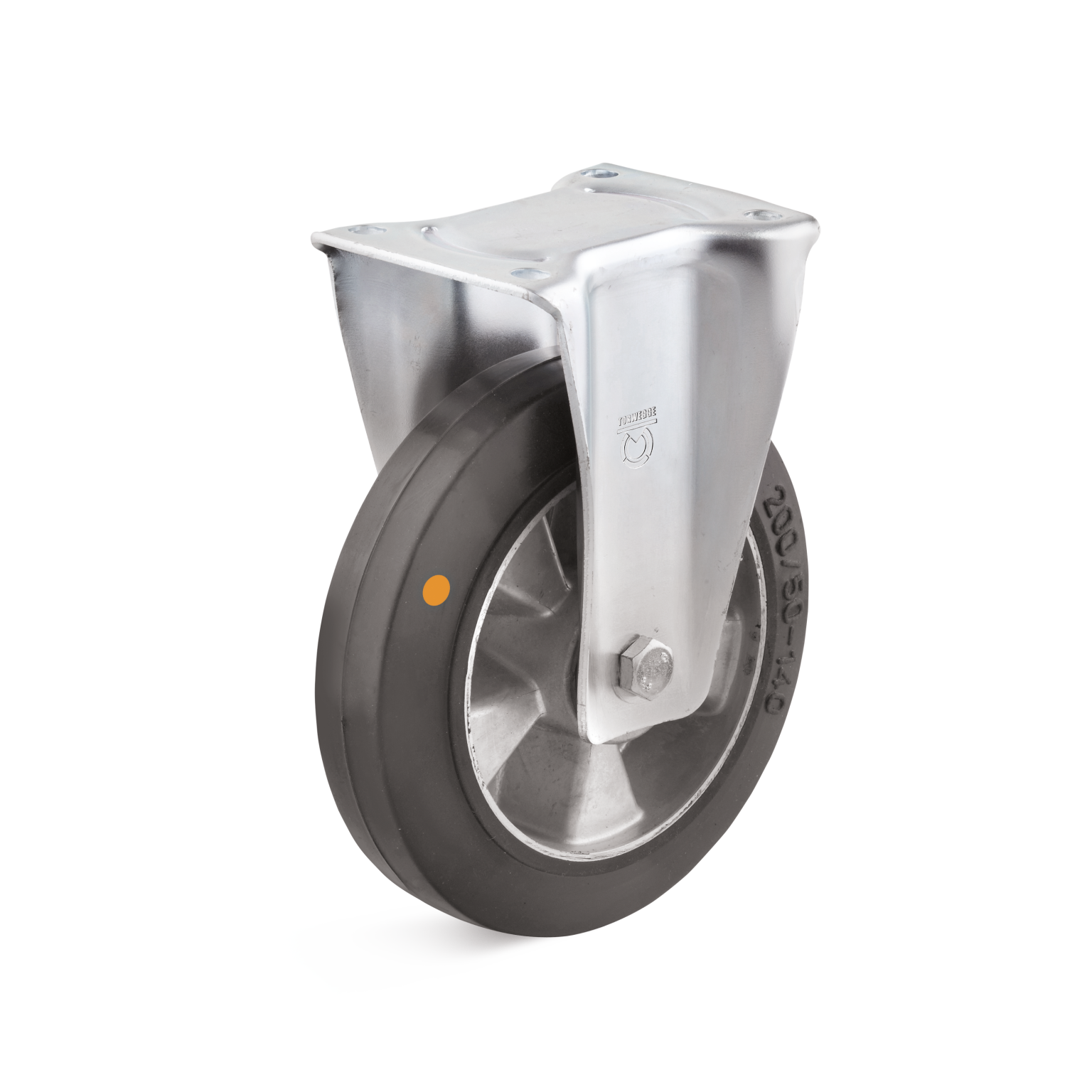 A gray industrial swivel castor with a rubber tire is mounted on a metallic plate. The wheel features a silver hub with an inscription, highlighting its robust design for material handling applications. The background is plain.