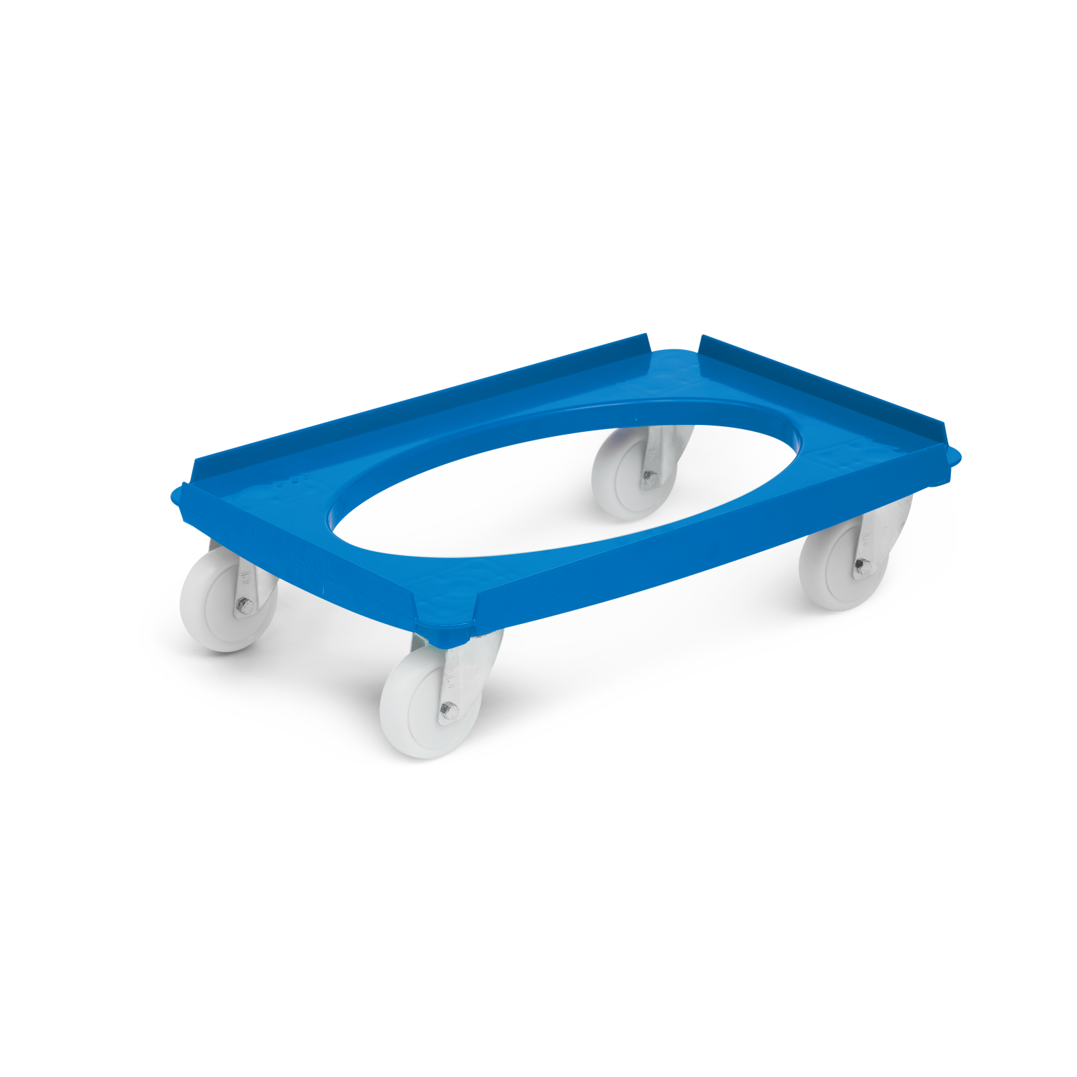 A blue transport dolly with an oval opening and four swivel wheels, designed for moving items easily. It has a sturdy plastic frame suitable for various loads in industrial settings.