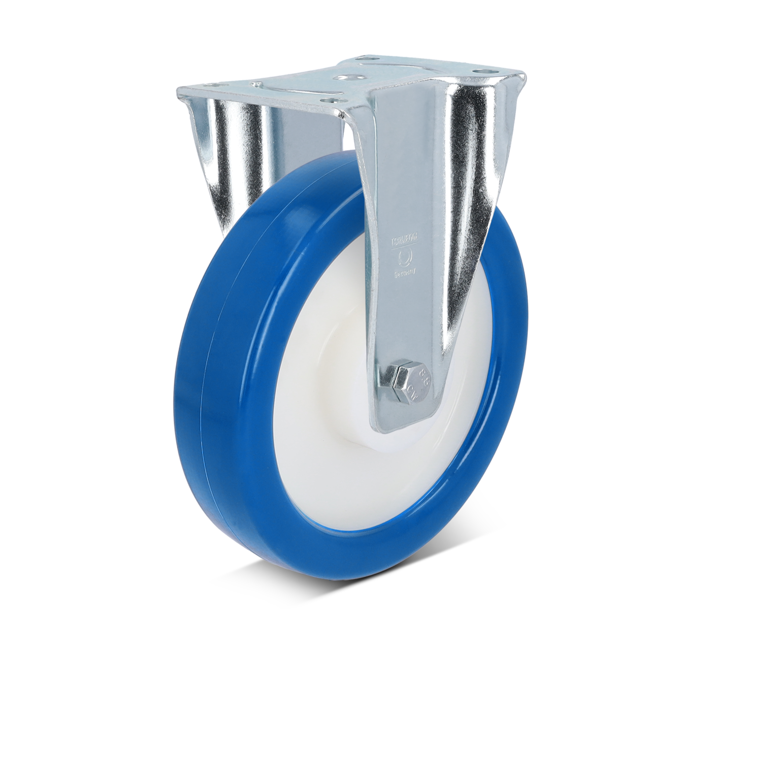 Een industriële wiel met een blauwe rubberen band en een witte kunststof kern, bevestigd aan een glanzende metalen beugel met een montagesteun. Gebruikelijk in materiaalhandling en logistieke toepassingen.