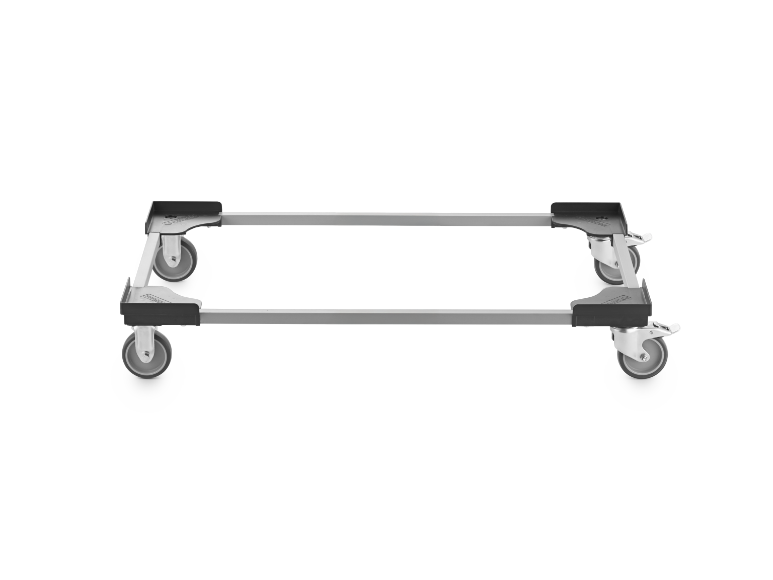 A transport trolley frame equipped with four industrial wheels. The frame is rectangular, made of metal, and features plastic corner mounts. It is presented on a plain background, emphasizing its design.