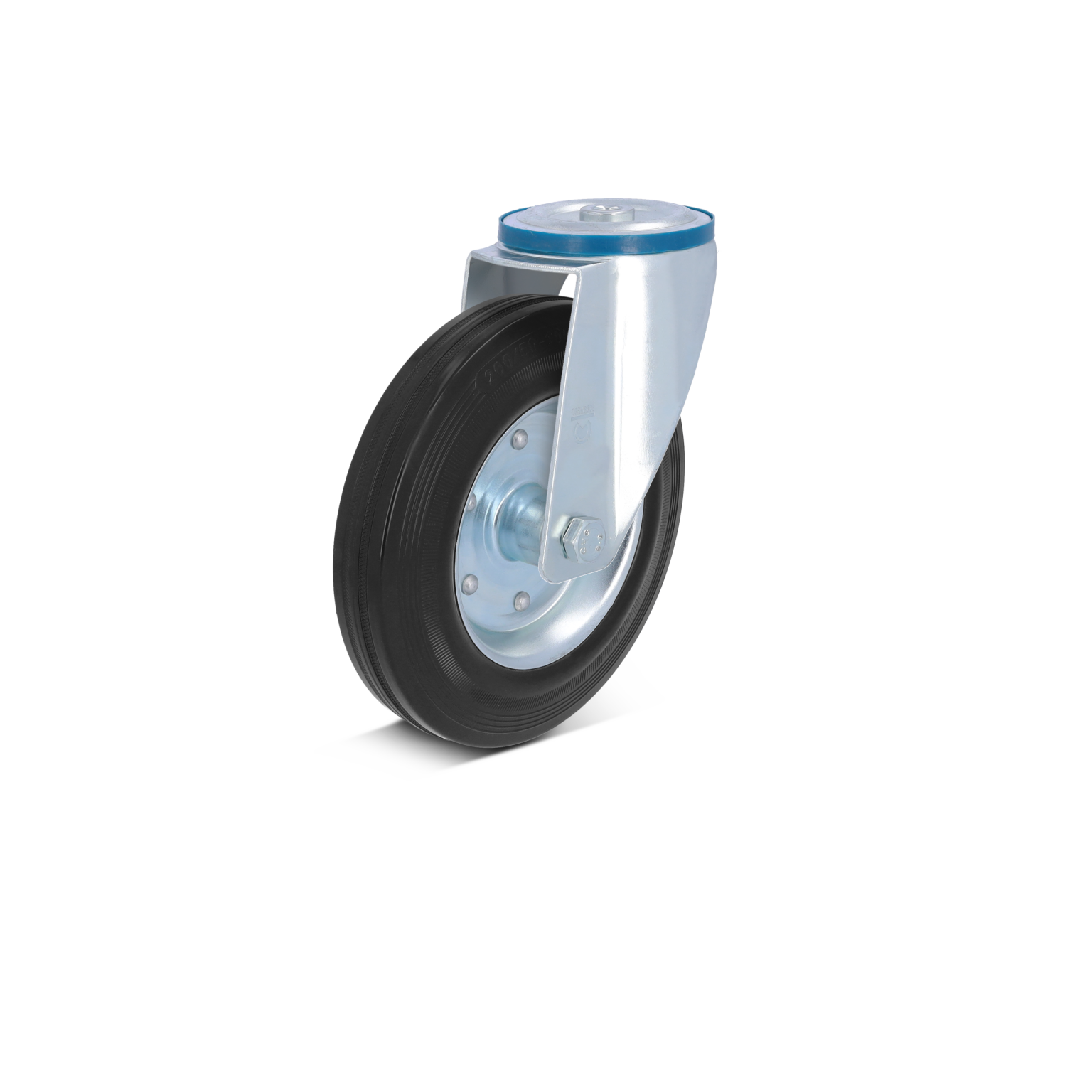 Zwenkwiel met een rubberen band en een metalen behuizing. Het wiel is bevestigd aan een vaste plaat met een schroef, geschikt voor interne logistieke toepassingen. Achtergrond is eenvoudig en wit.