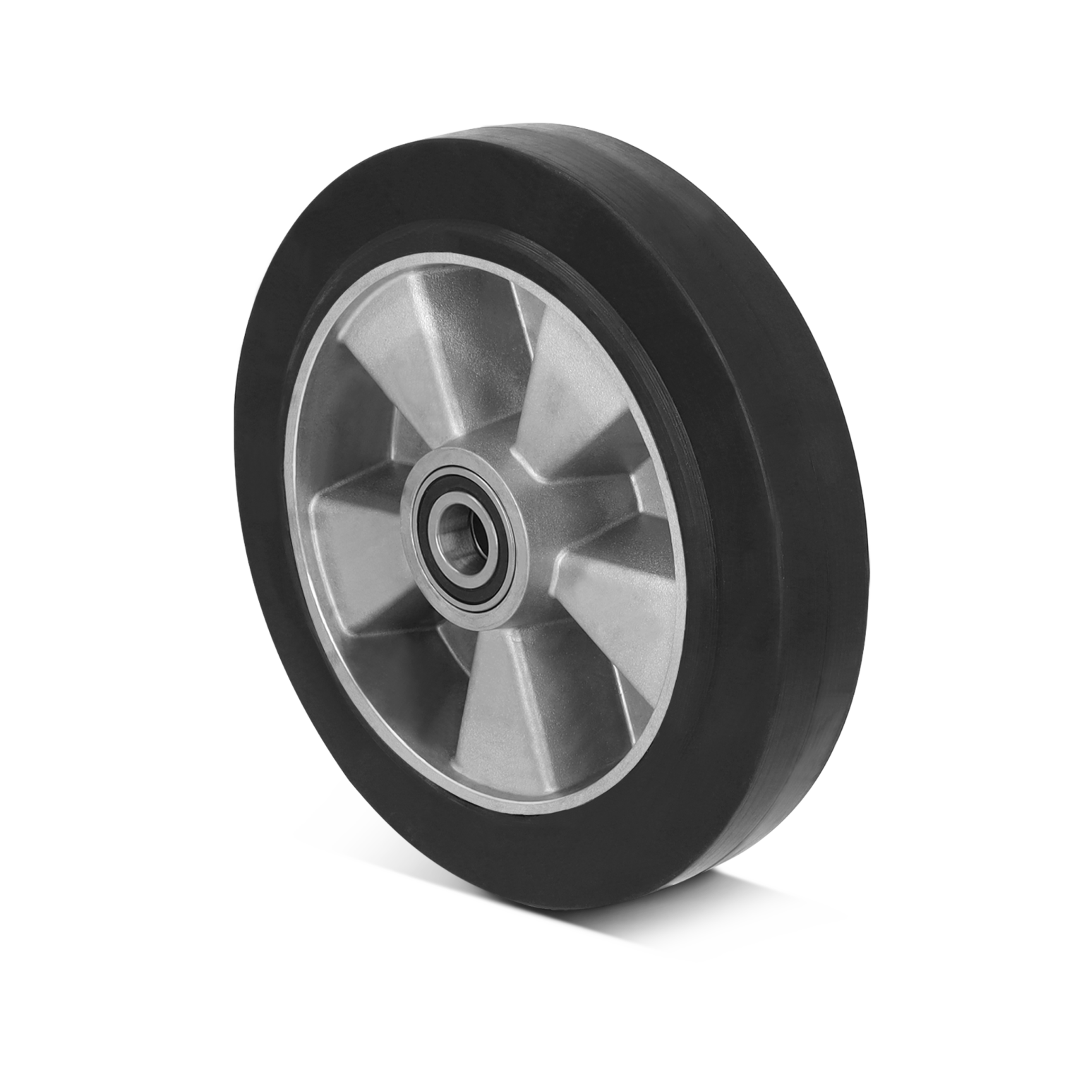 Rubber wiel met een metalen, gestructureerde velg. Het heeft een centrale lager en is ontworpen voor gebruik in transportmiddelen. De achtergrond is zwart.