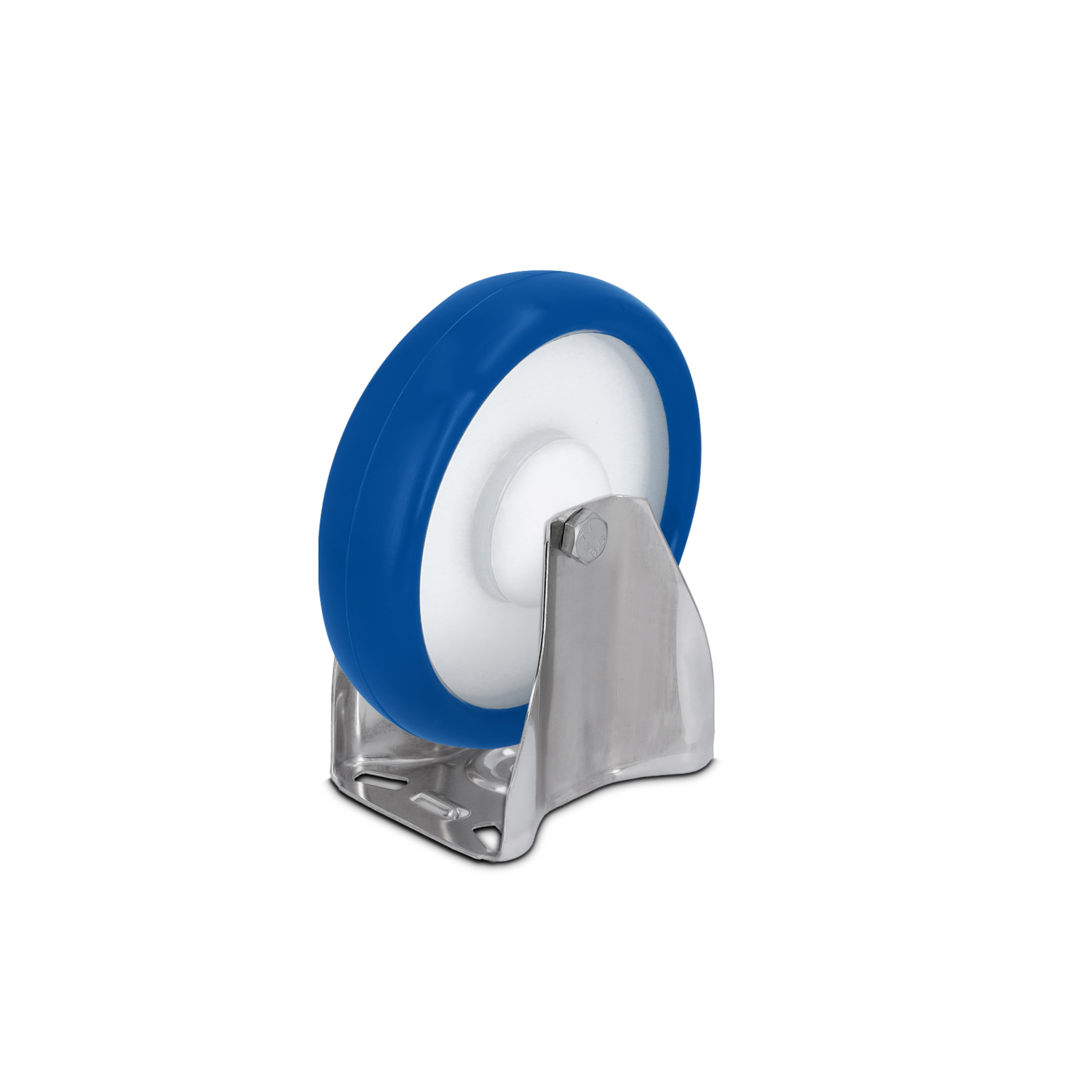 Blauwe kunststof wiel met een witte binnenrand, bevestigd aan een metalen beugel. Het wiel heeft een glanzend oppervlak en is ontworpen voor gebruik in intralogistiek en materiaalhandling.