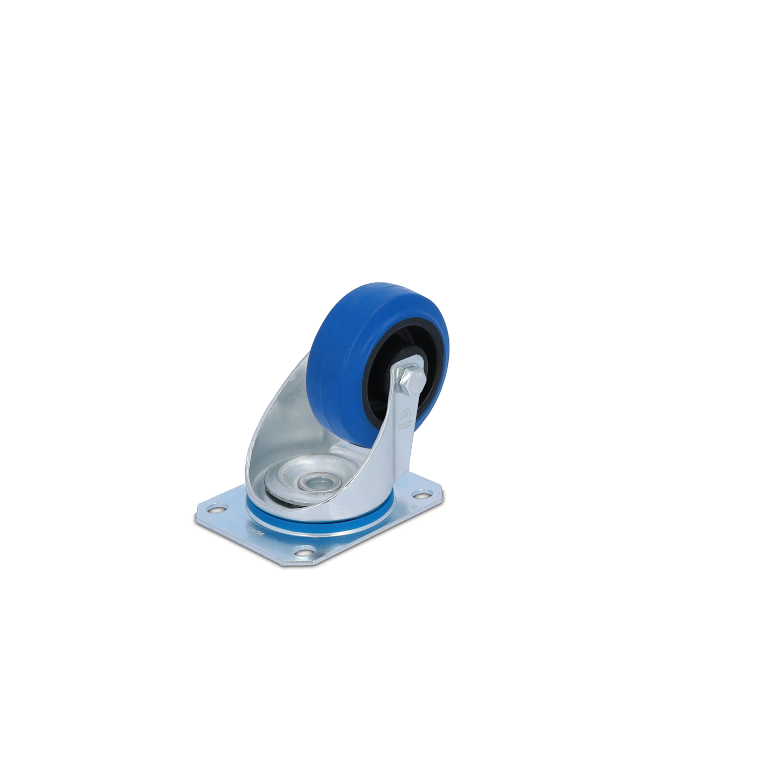 Blaue Gummiradrolle mit silberner Metallhalterung, die auf einer flachen Grundplatte montiert ist. Die Rolle ist gekrümmt und hat einen schwarzen Gummikern. Hintergrund ist schwarz.