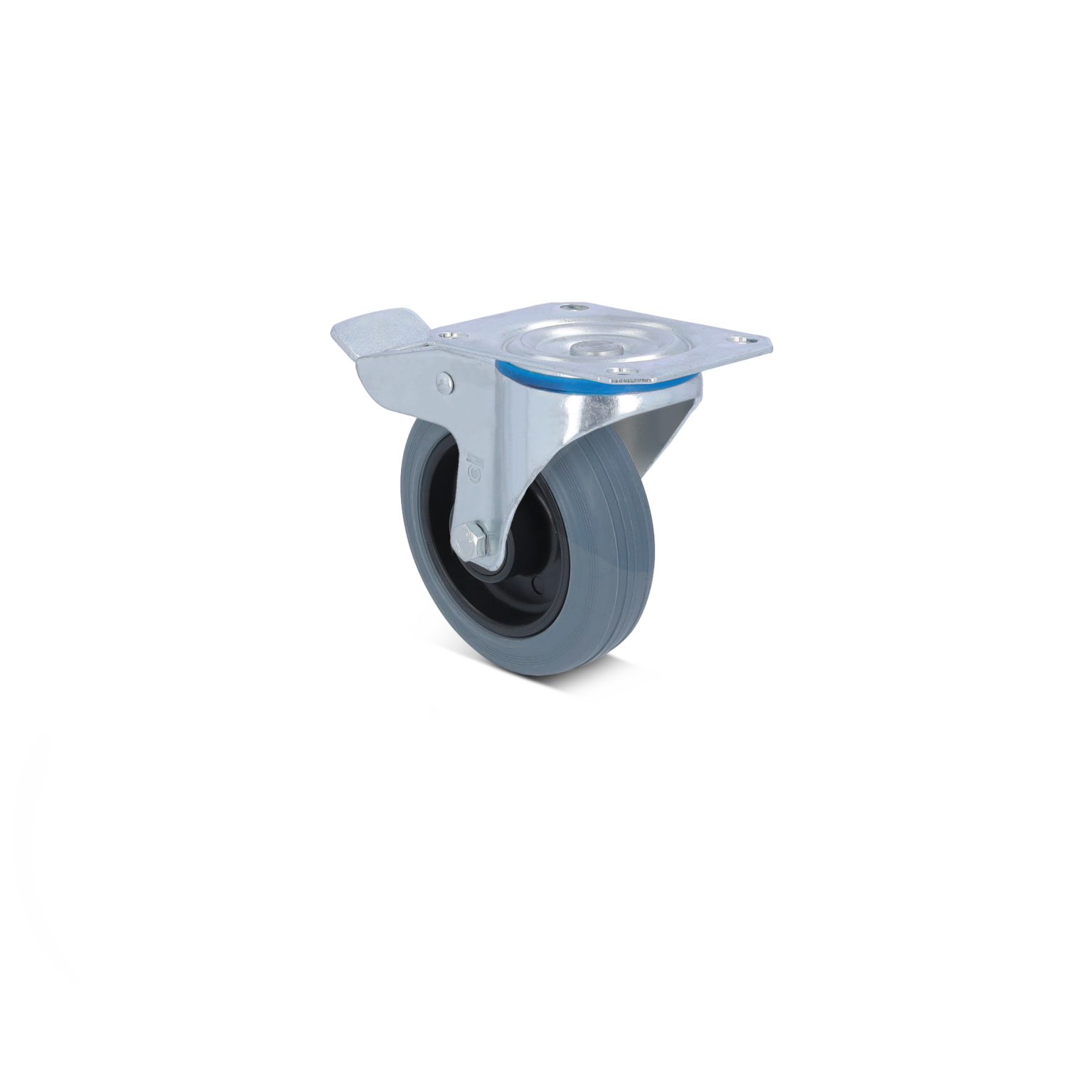 Een lichtgrijze industrieel wieltje met een metalen montageplaat en een ronde rubberen band, geplaatst op een witte achtergrond. Het wieltje heeft een remfunctie aan de zijkant.