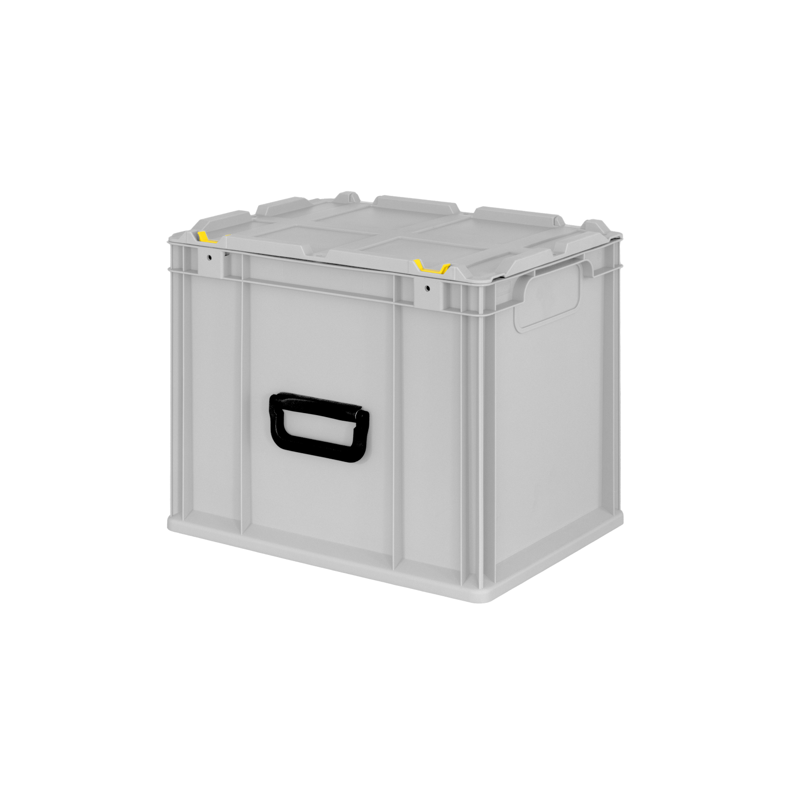 A gray plastic storage box with a removable lid and a black handle is positioned upright. It features yellow clips on the edges, designed for secure stacking and storage in industrial settings.