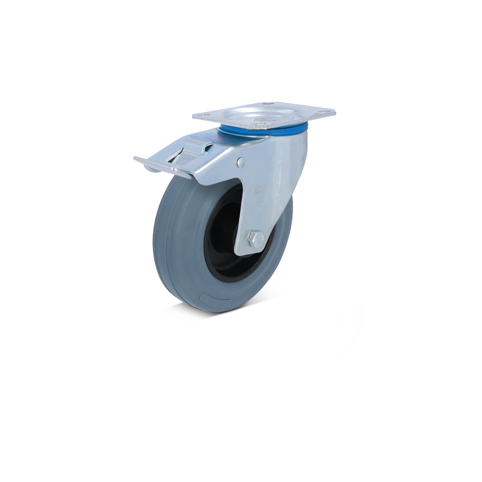Zwenkwiel met een kunststof band en metalen bevestigingsplaat. Het wiel is grijs en heeft een zwart rubberen kern. De omgeving is onduidelijk, met een simpele achtergrond.