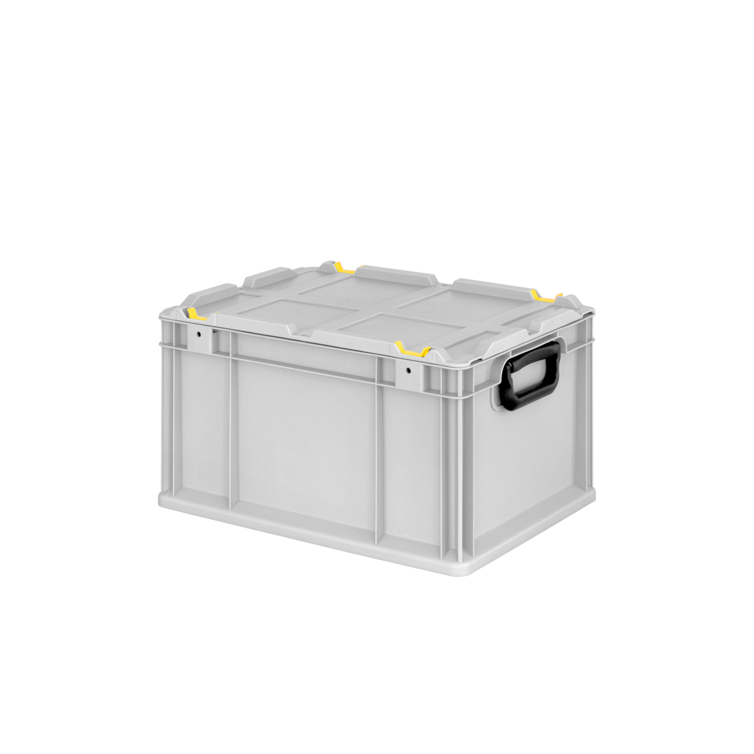 Gray plastic storage box with a hinged lid, featuring black handles for easy carrying and yellow clips for secure closure. The box is set against a plain black background.
