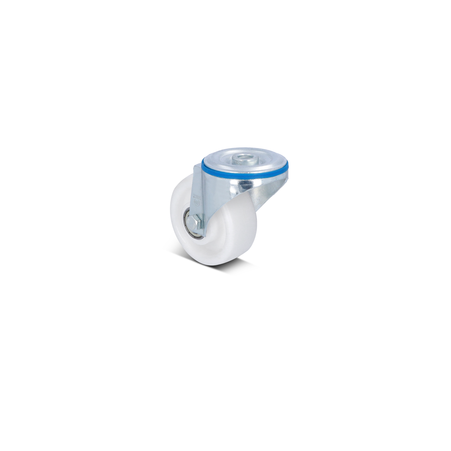 A swivel castor wheel featuring a white polyurethane wheel and a metallic mounting bracket with a blue accent. It is positioned for visibility against a blank background.