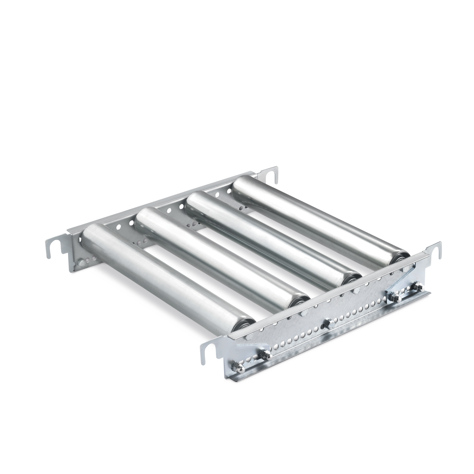 Rollenförderer mit vier silbernen Edelstahlrollen, montiert auf einem stabilen Rahmen mit seitlichen Halterungen. Eignet sich ideal für den Materialtransport in Lager- und Produktionsumgebungen.