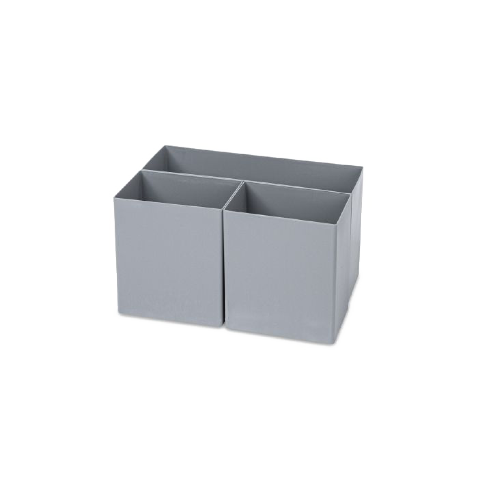 A gray plastic organizer features two square compartments side by side, with a seamless design. It is positioned on a neutral background, emphasizing its utility for storing items.