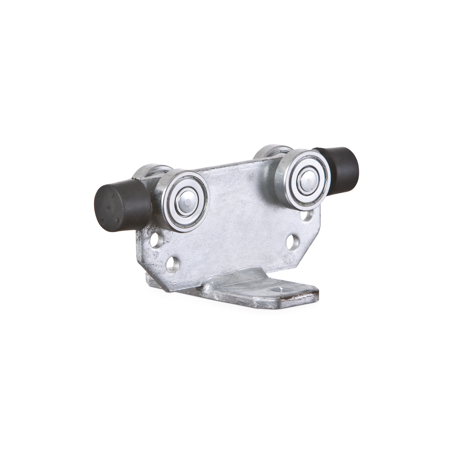 Metal bracket with two black rubber rollers and a central bearing, designed for movement. The bracket features mounting holes for installation, set against a neutral background.