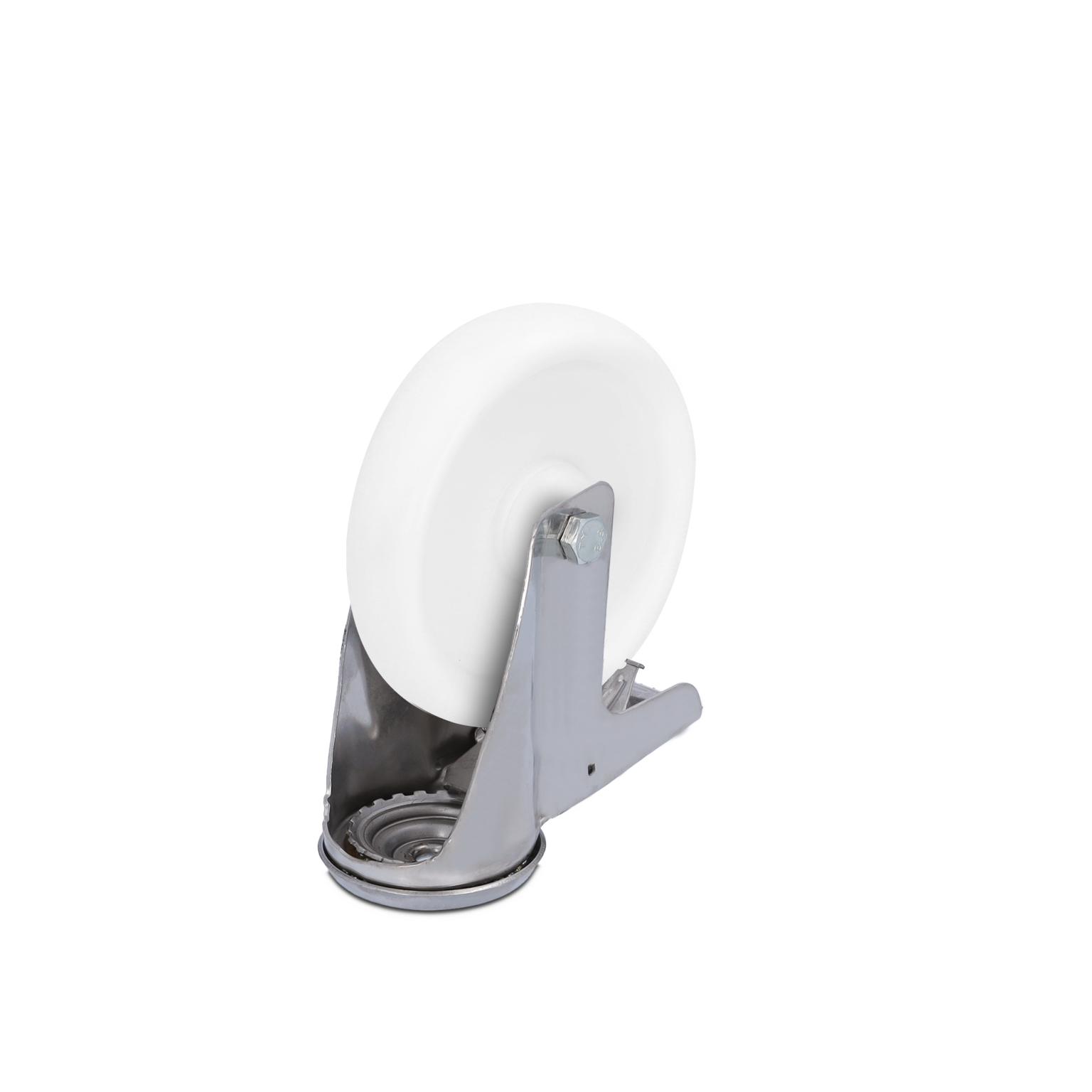 A white industrial wheel is mounted on a metallic swivel base. The wheel features a smooth surface for rolling, while the base includes a metallic attachment mechanism. The background is plain.