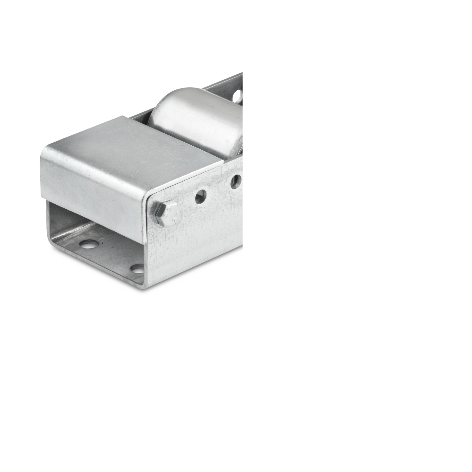 A metallic roller bracket is displayed, featuring a cylindrical roller and multiple mounting holes. It is designed for securing and facilitating movement in industrial applications, resting against a neutral background.