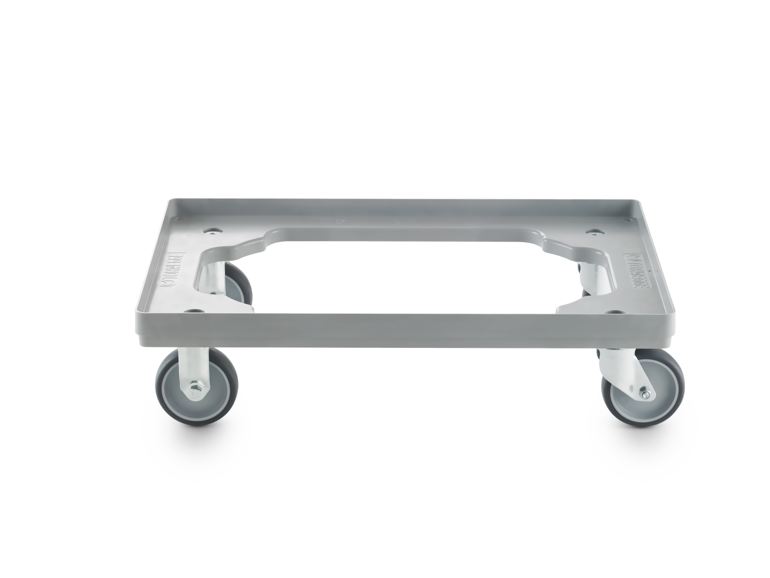 A square dolly platform features a lightweight grey frame with rounded edges. It is equipped with four smooth-rolling castors for ease of movement, designed for transporting goods.