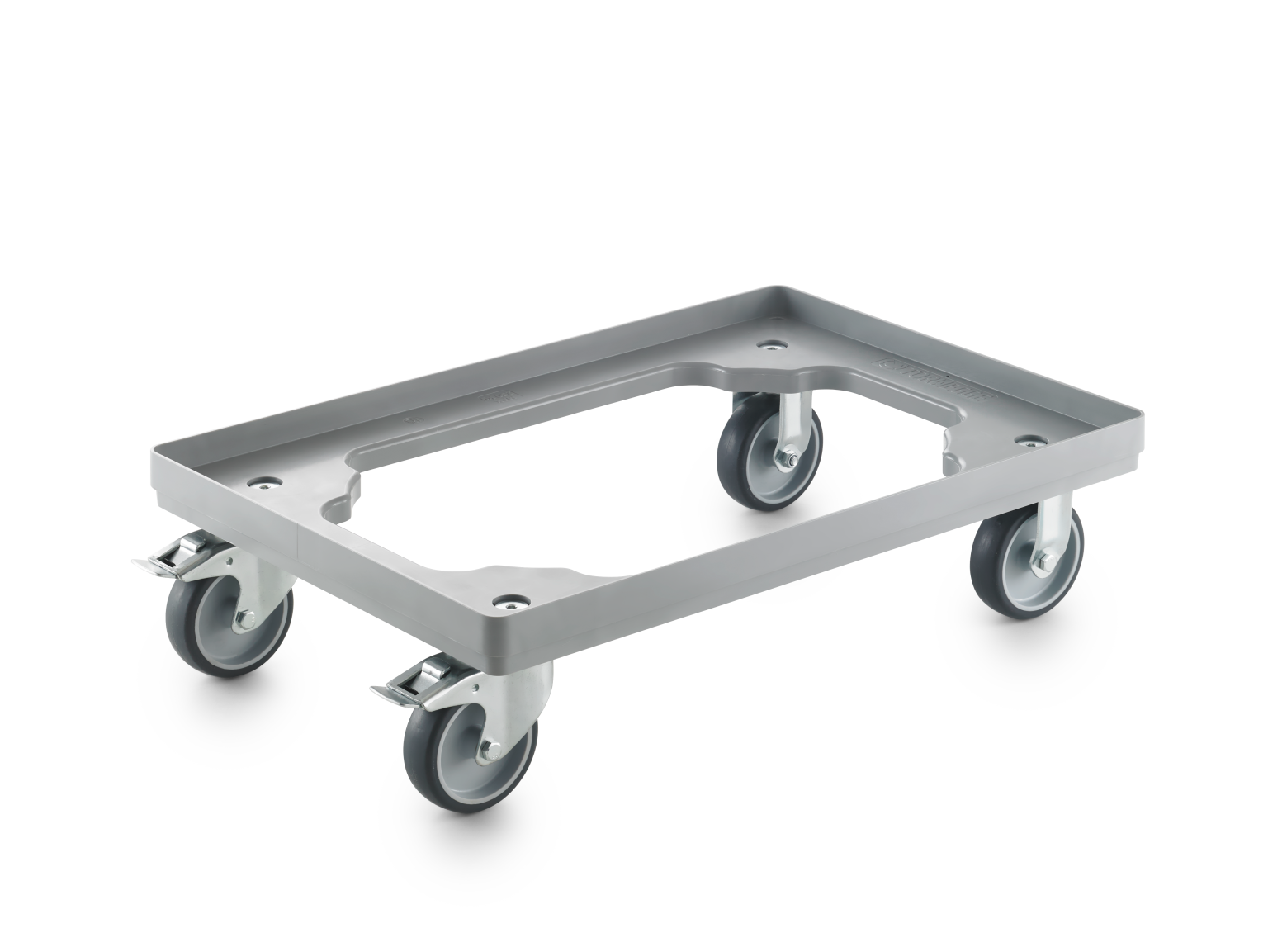 A rectangular transport trolley with a gray metal frame and four swivel casters. The casters feature rubber wheels, designed for easy maneuverability in a warehouse or industrial setting.