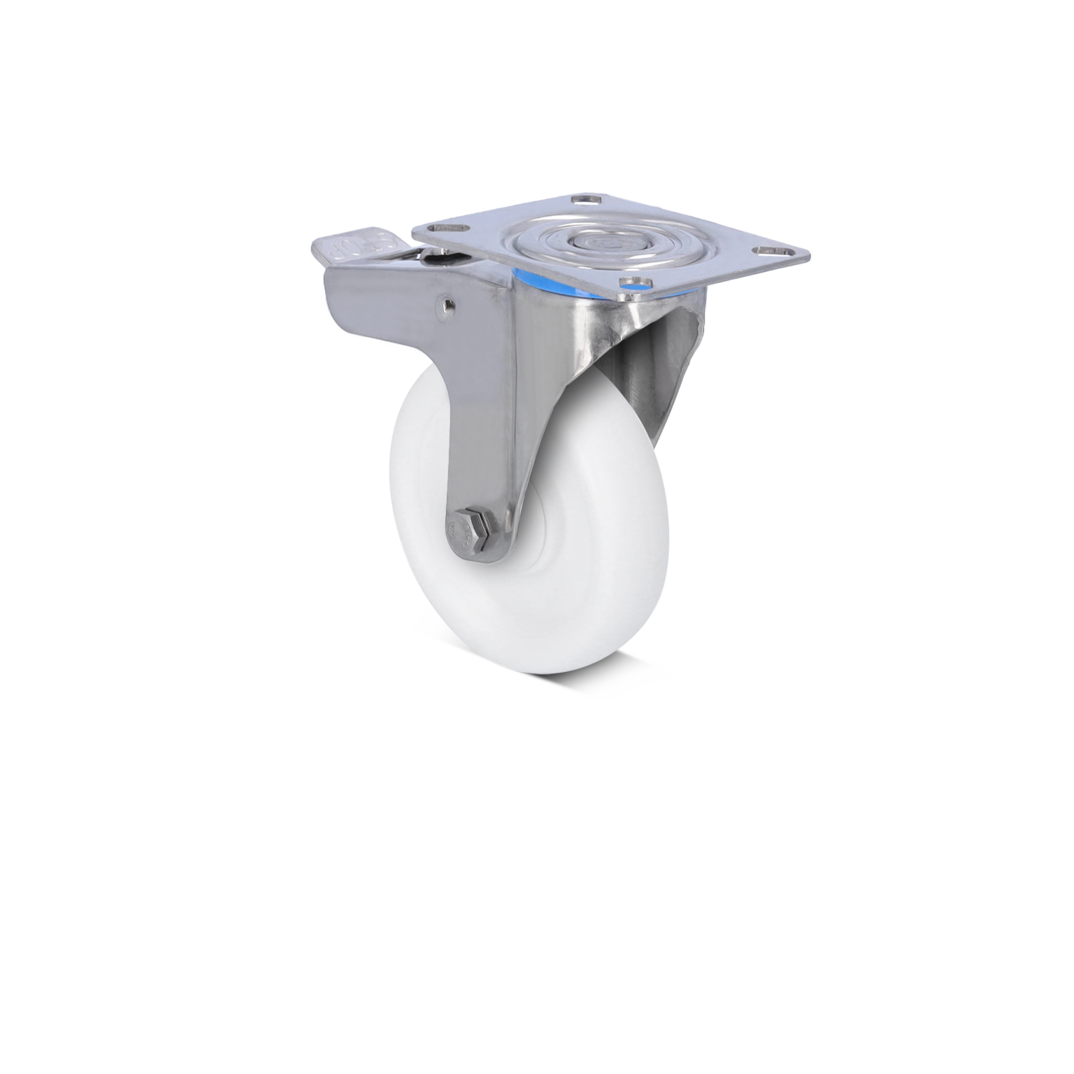 A white wheel castor with a stainless steel mounting plate is shown. The castor is positioned upright, highlighting its cylindrical wheel design and robust attachment points, against a simple background.