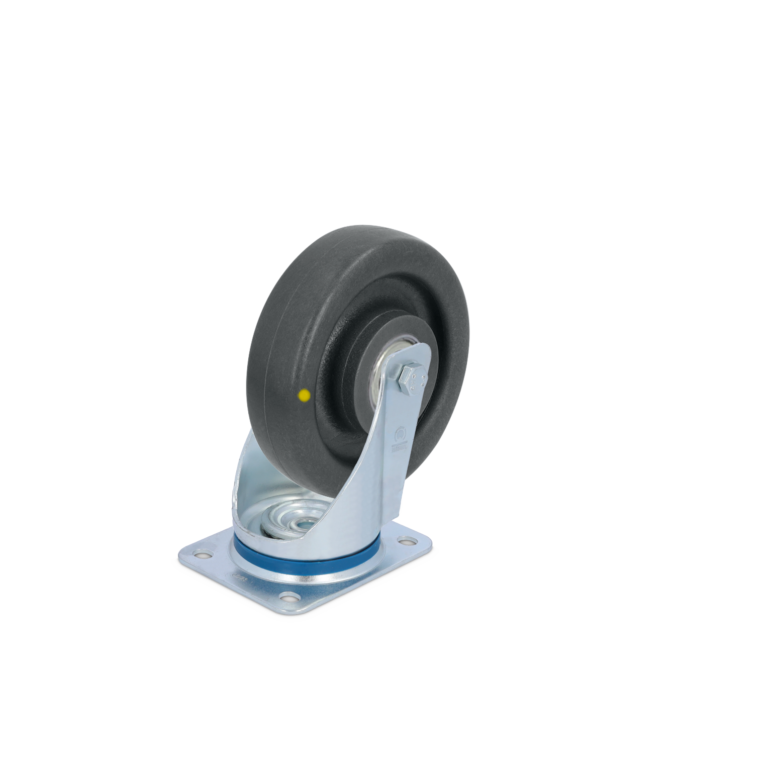 Zwenkwiel met een zwarte rubberen band en een zilveren metalen bevestigingsplaat. Het is ontworpen voor gebruik in materiaalbehandeling en interne logistiek. Het biedt stabiliteit bij transport.
