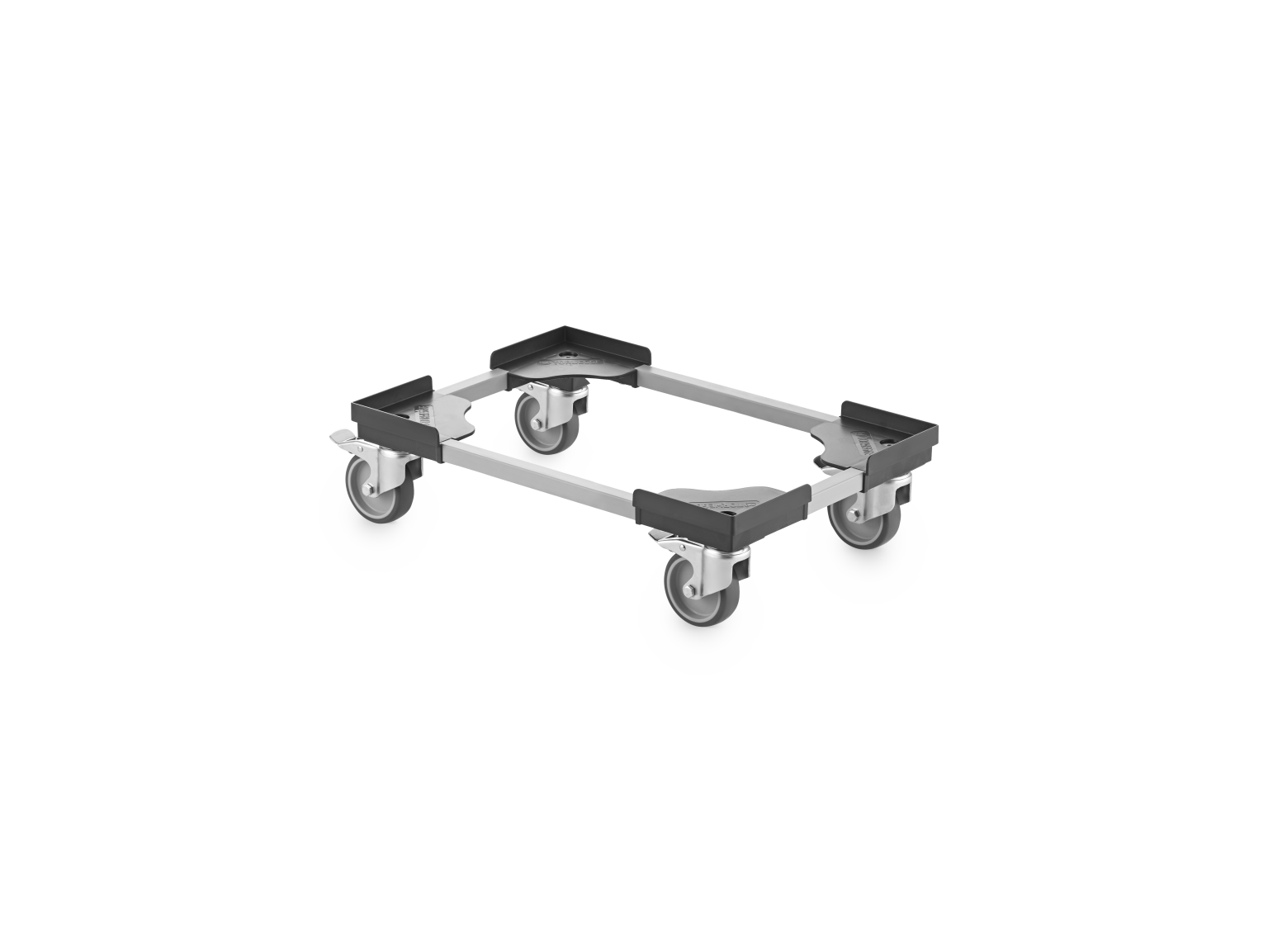 A transport trolley with a rectangular metal frame features four swivel castors at its corners. The frame is designed for easy movement and handling of heavy loads in an industrial setting.