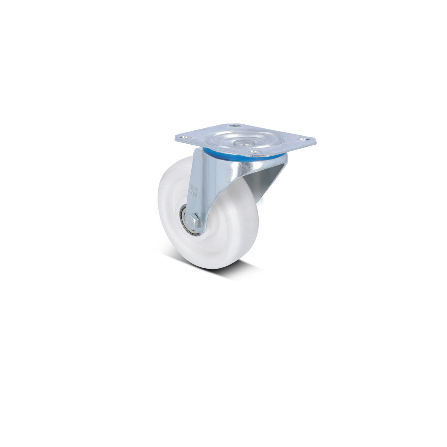 A swivel castor with a white plastic wheel, mounted on a metal base with a square plate. The assembly is designed for mobility, set against a plain background.